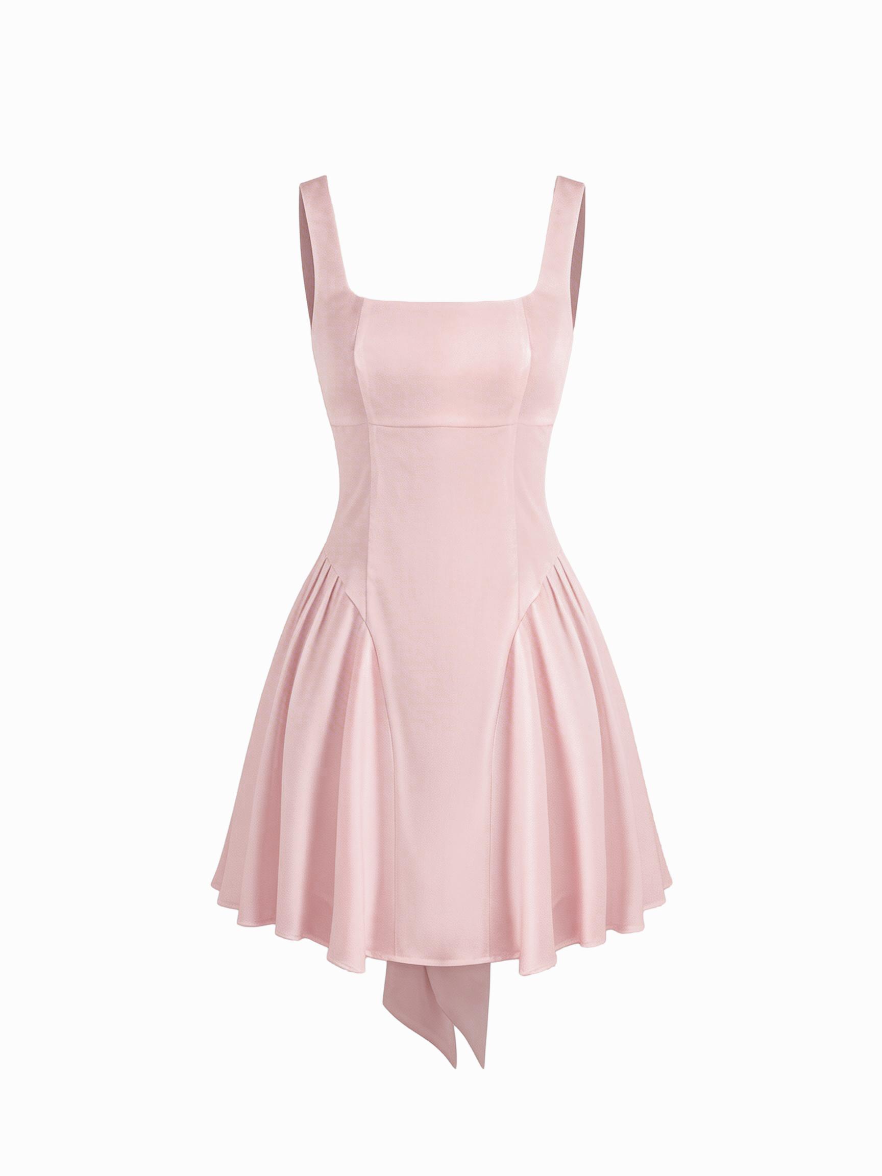 Satin Square Neck Solid Ruffle Knotted Mini Dress by CIDER