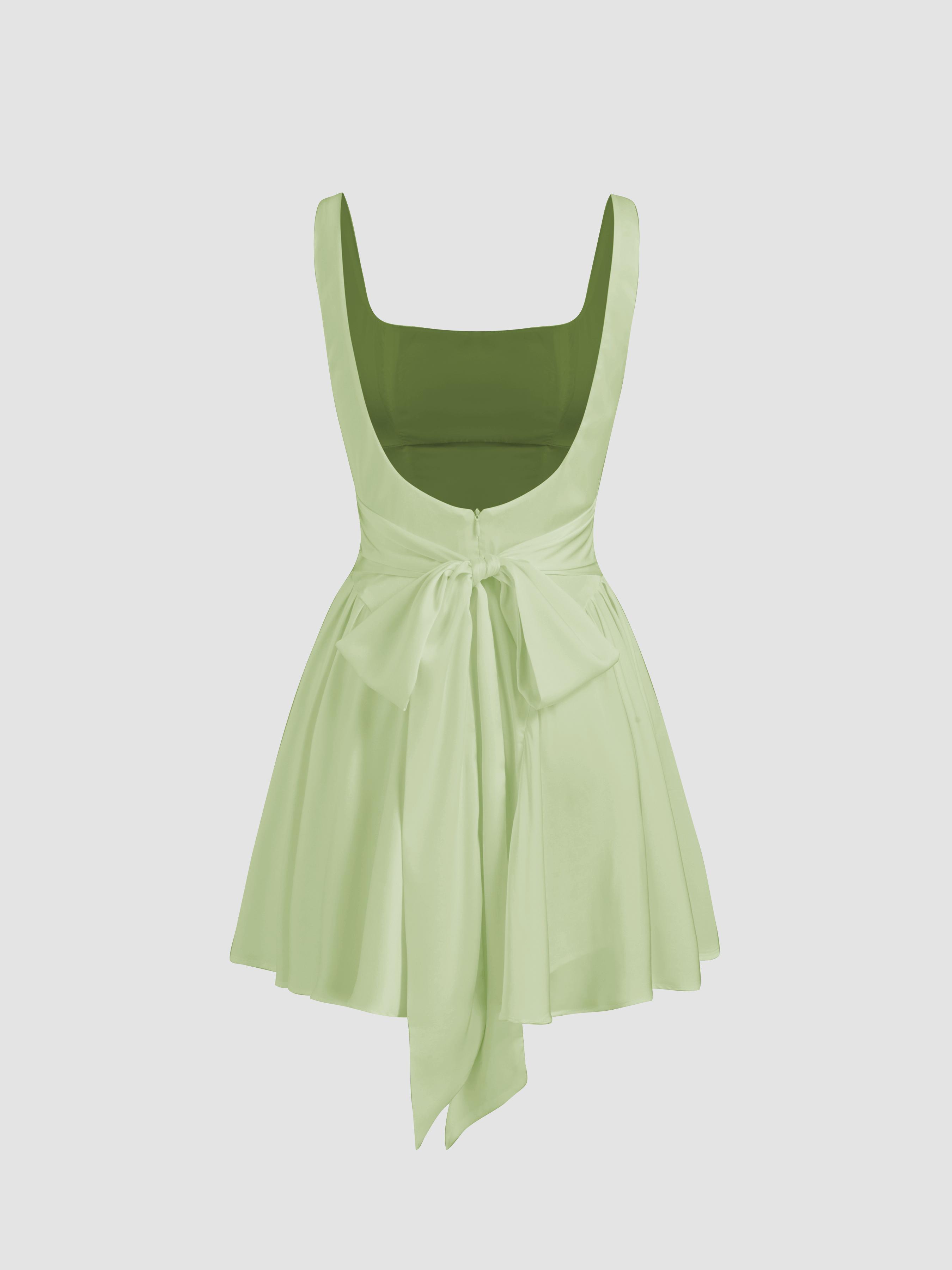 Satin Square Neck Solid Ruffle Knotted Mini Dress by CIDER