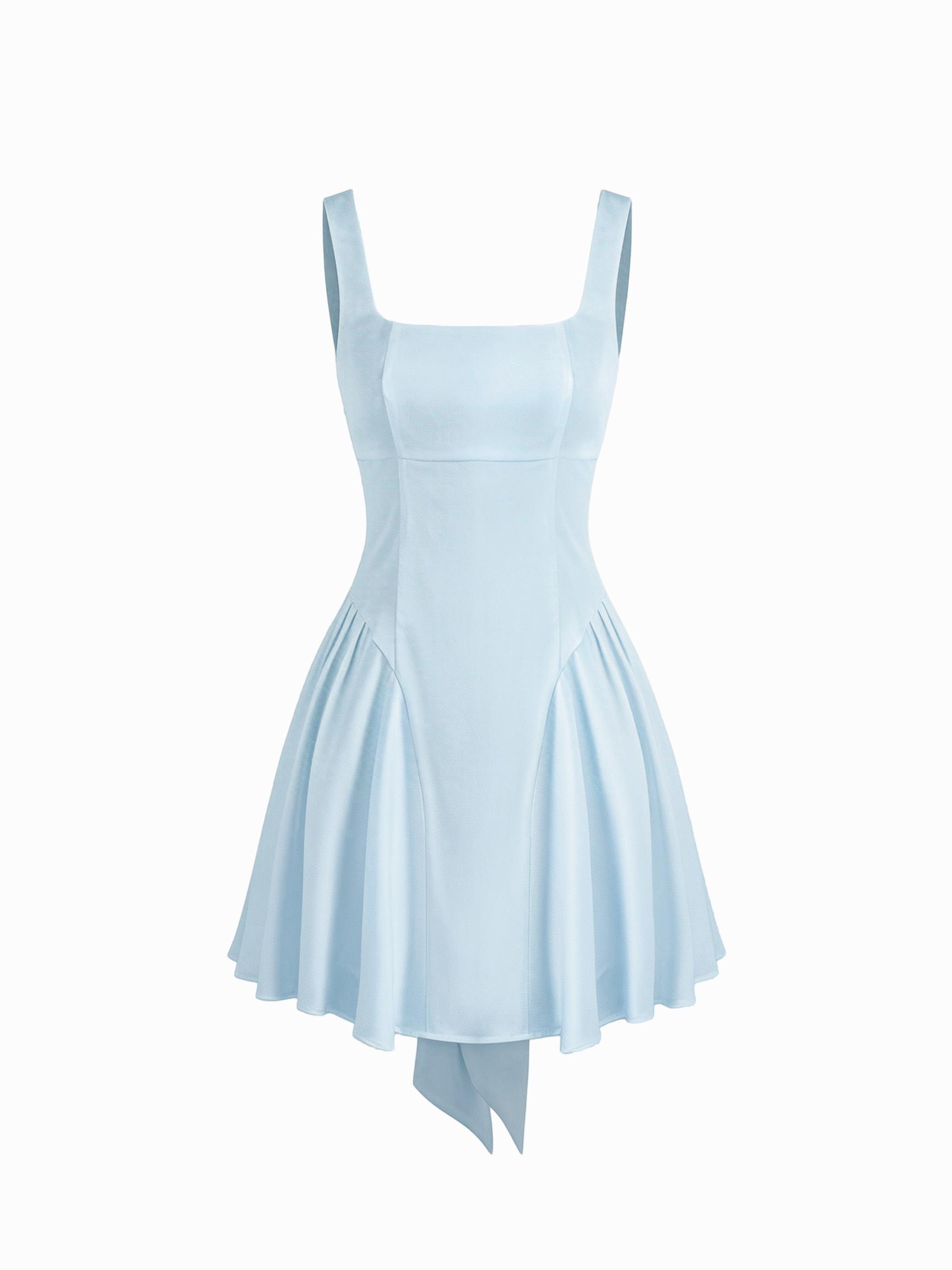 Satin Square Neck Solid Ruffle Knotted Mini Dress by CIDER