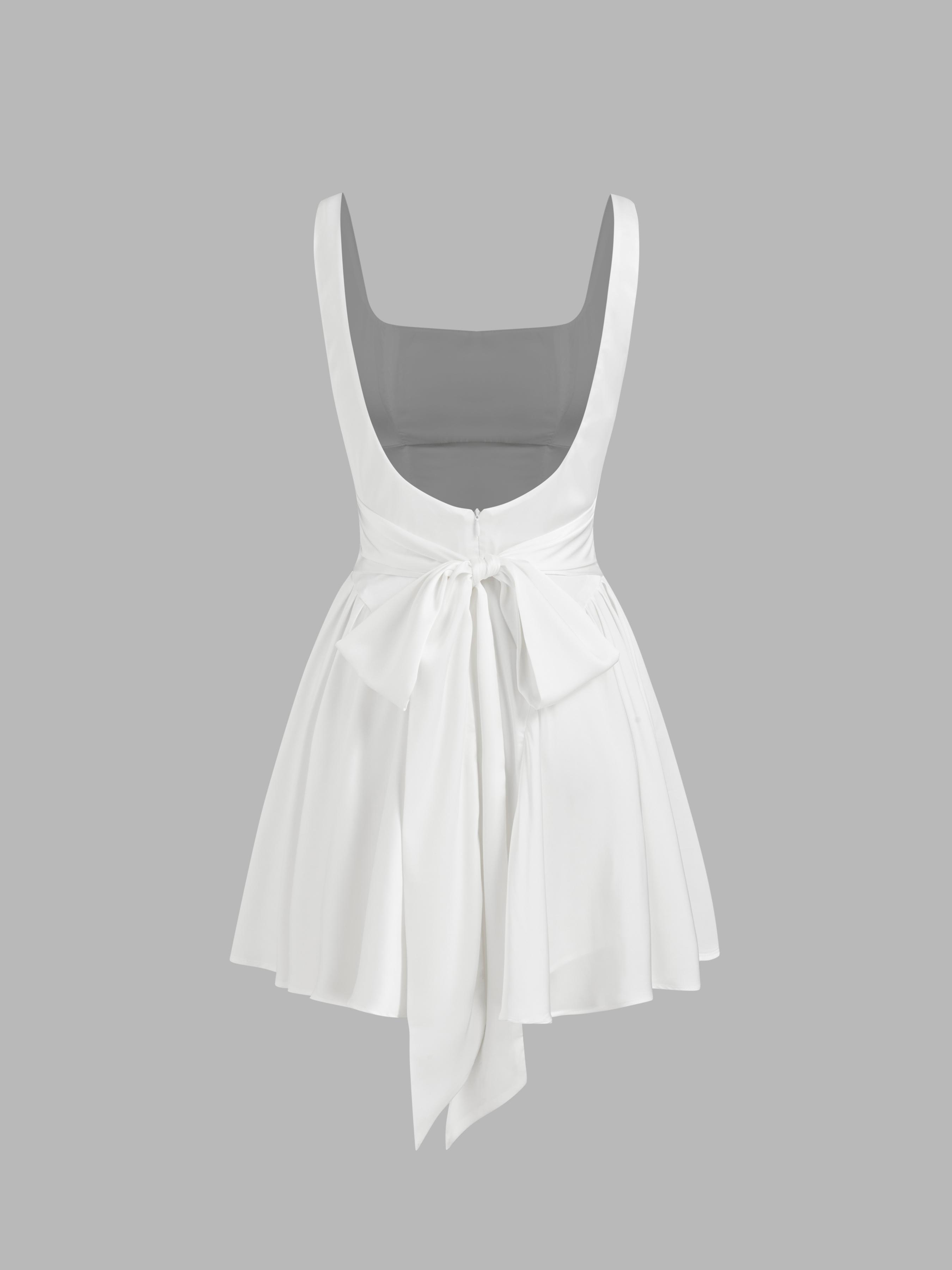 Satin Square Neck Solid Ruffle Knotted Mini Dress by CIDER