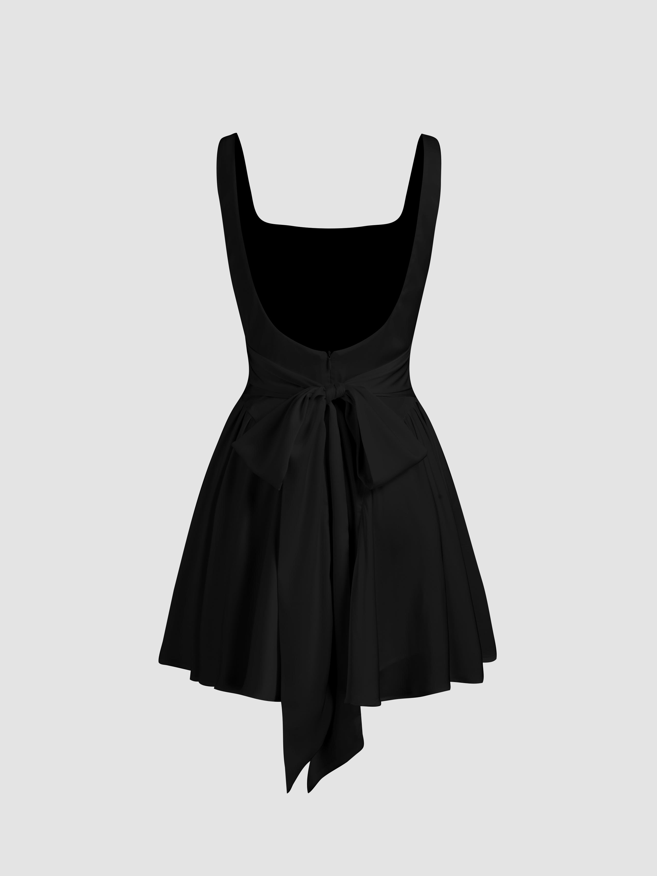 Satin Square Neck Solid Ruffle Knotted Mini Dress by CIDER