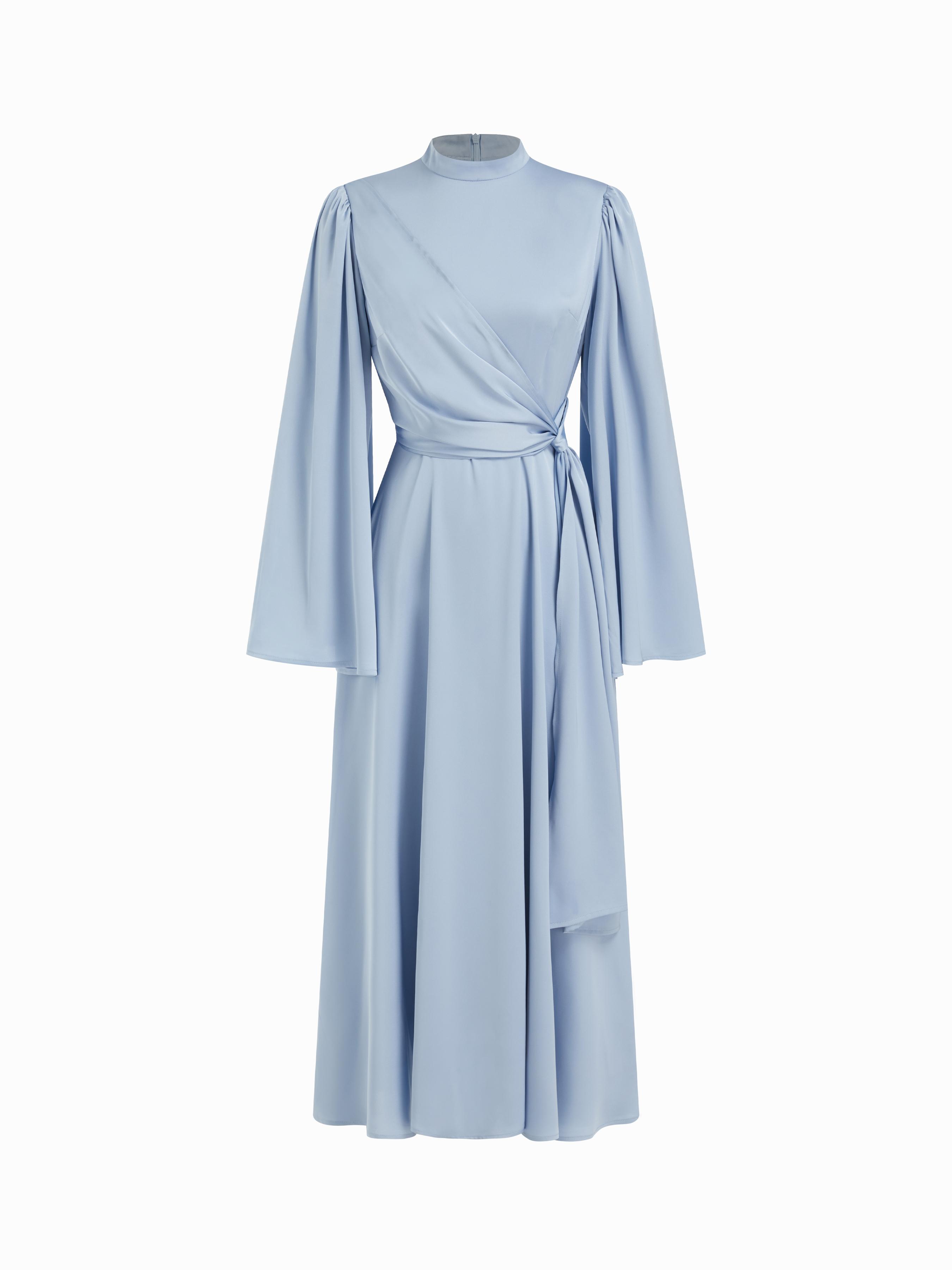 Satin Stand Collar Bell Sleeve Wrap Maxi Flared Dress by CIDER