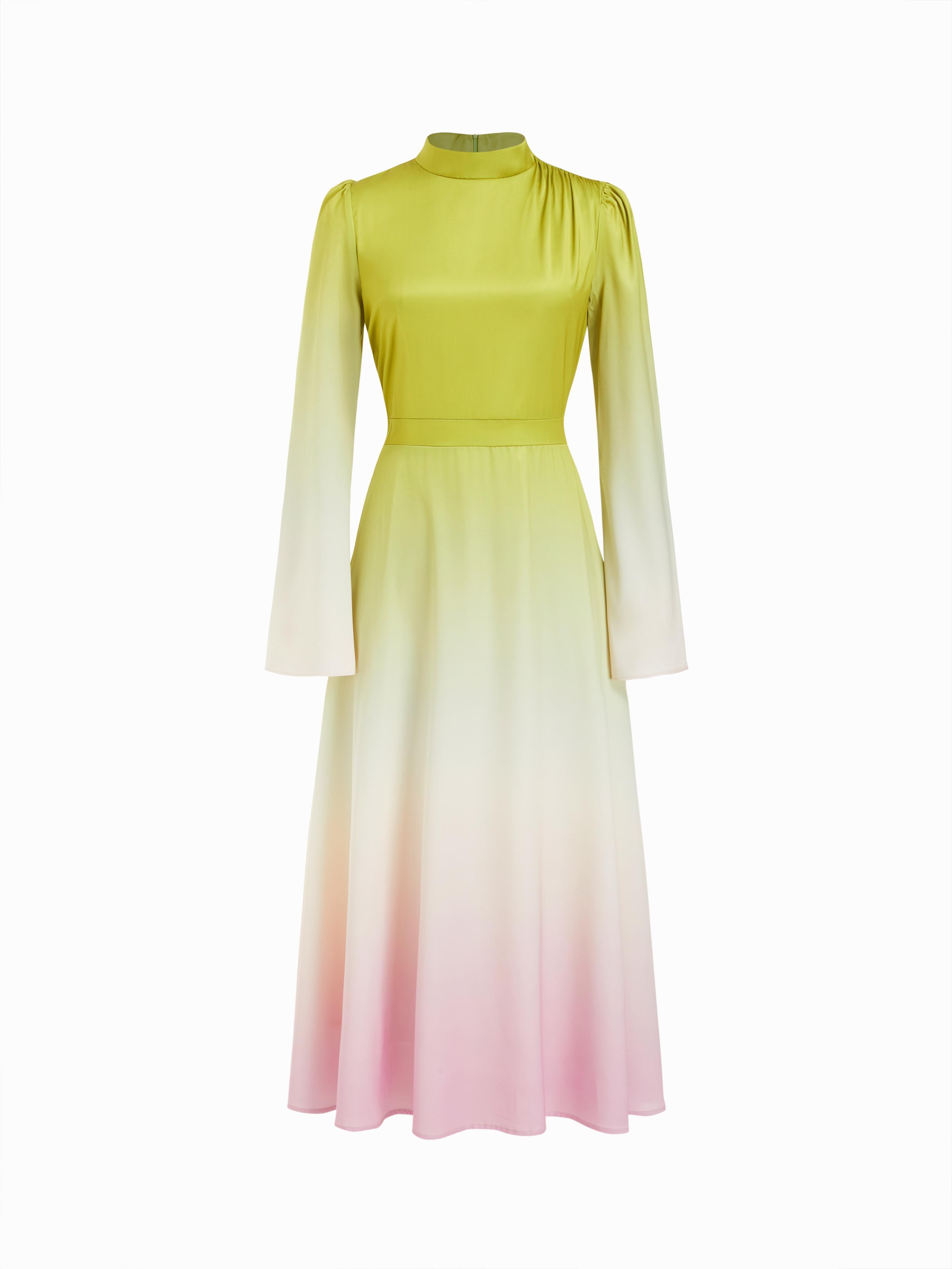 Satin Stand Collar Gradient Lace Up Bell Sleeve Flared Maxi Dress by CIDER