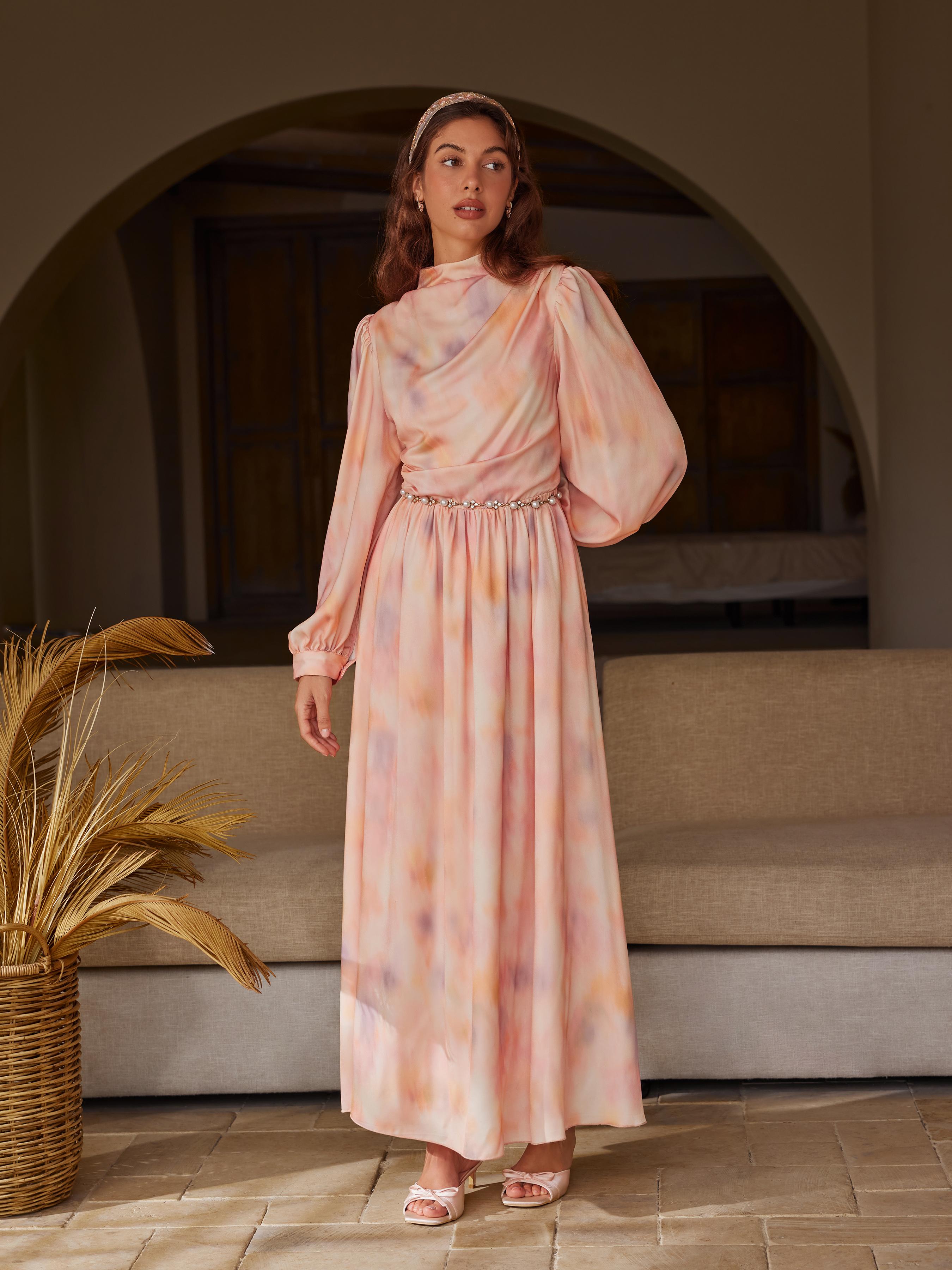 Satin Stand Collar Gradient Ruched Ruffle Lantern Sleeve Maxi Dress by CIDER