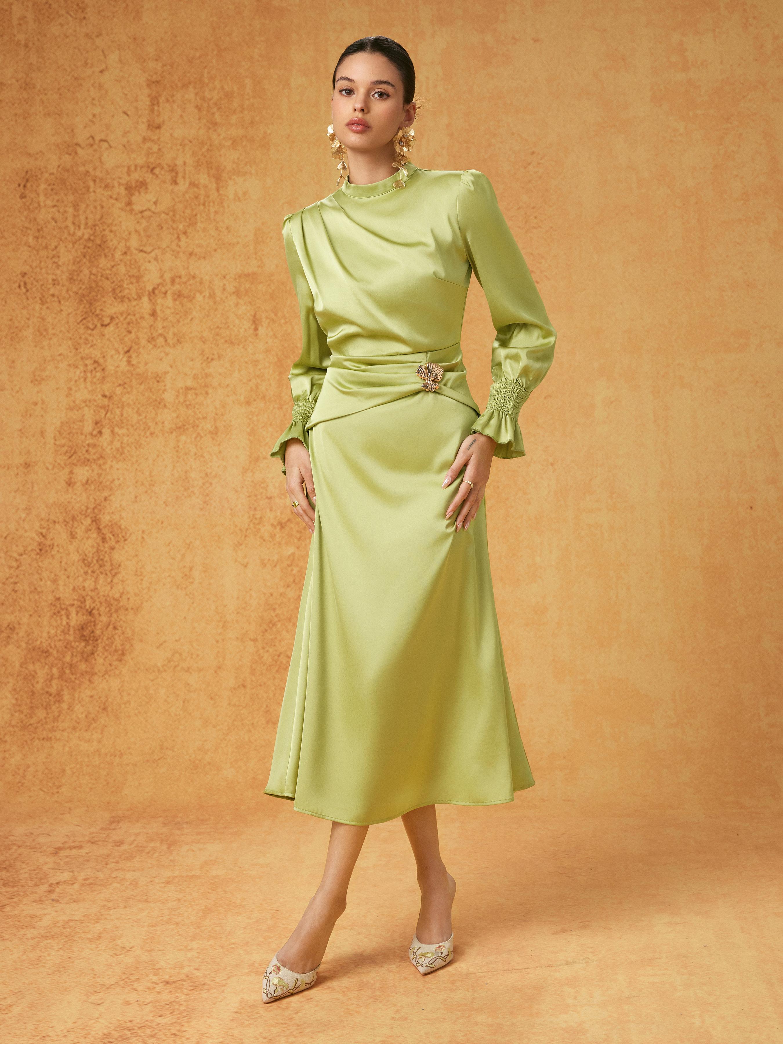 Satin Stand Collar Lantern Sleeve Ruched Waist A-line Maxi Dress by CIDER