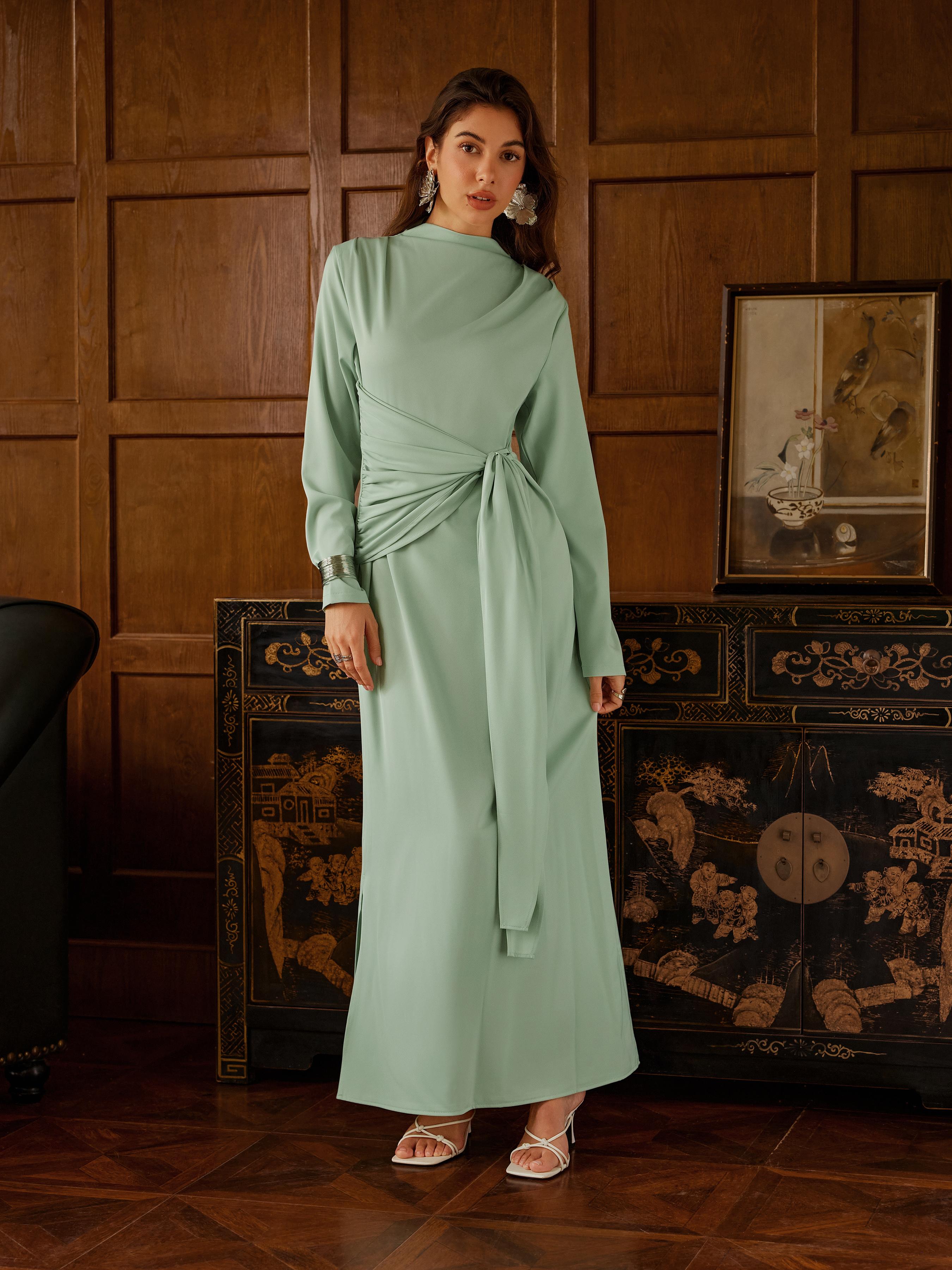 Satin Stand Collar Ruched Draped Maxi Dress by CIDER