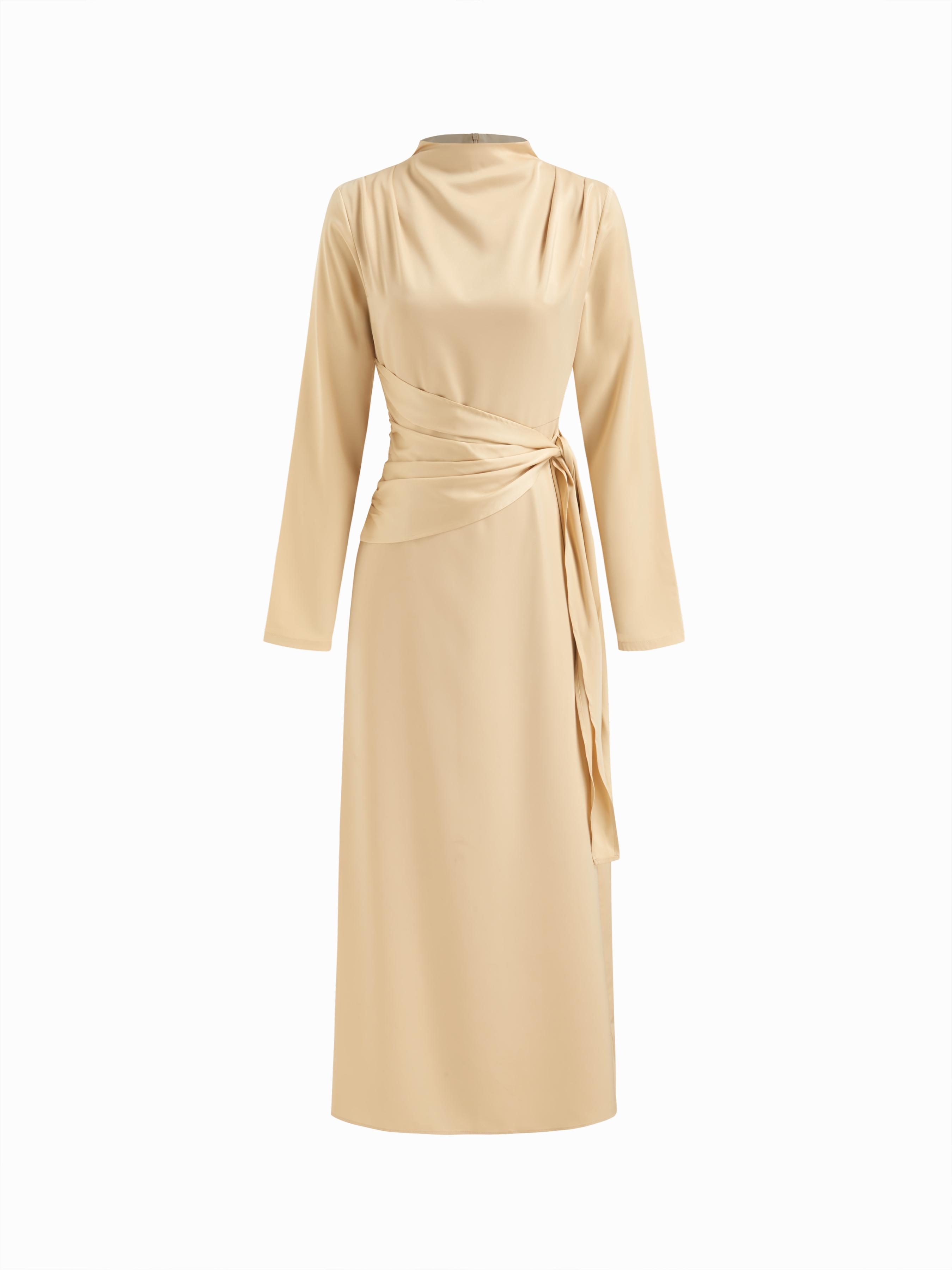 Satin Stand Collar Ruched Draped Maxi Dress by CIDER