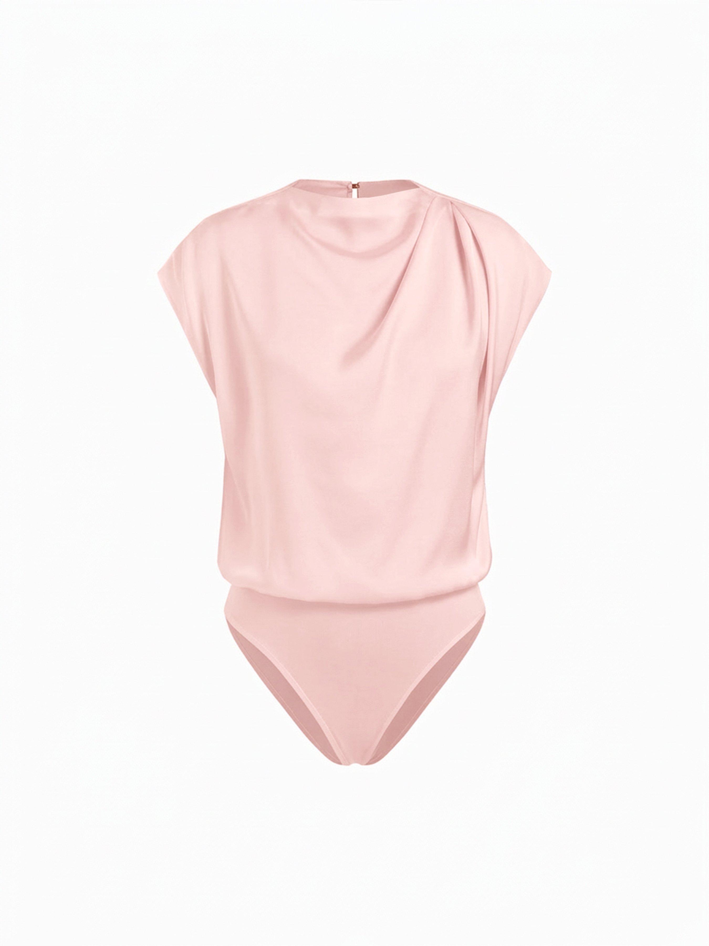 Satin Stand Collar Ruched Short Sleeve Bodysuit by CIDER