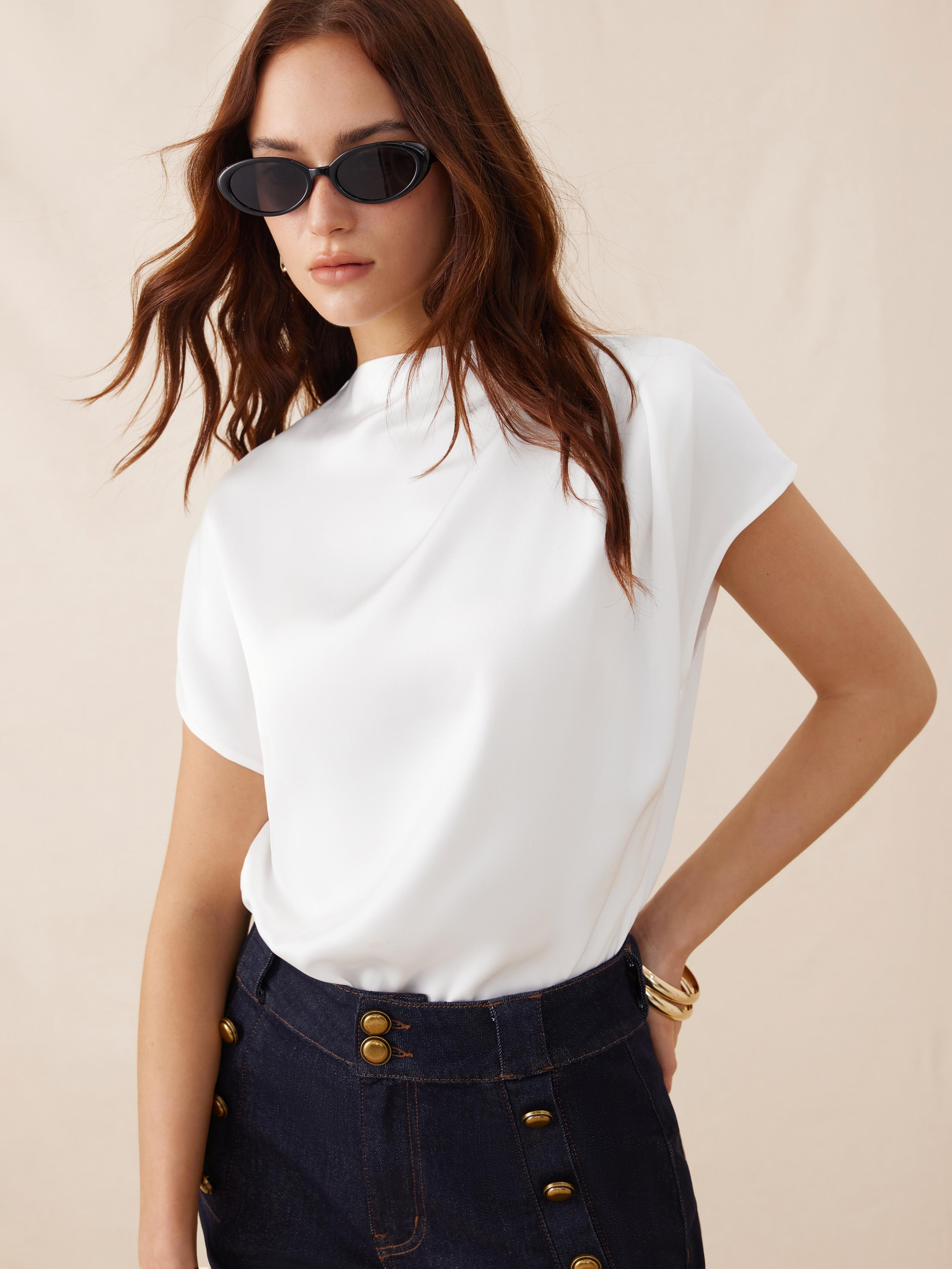 Satin Stand Collar Ruched Short Sleeve Bodysuit by CIDER