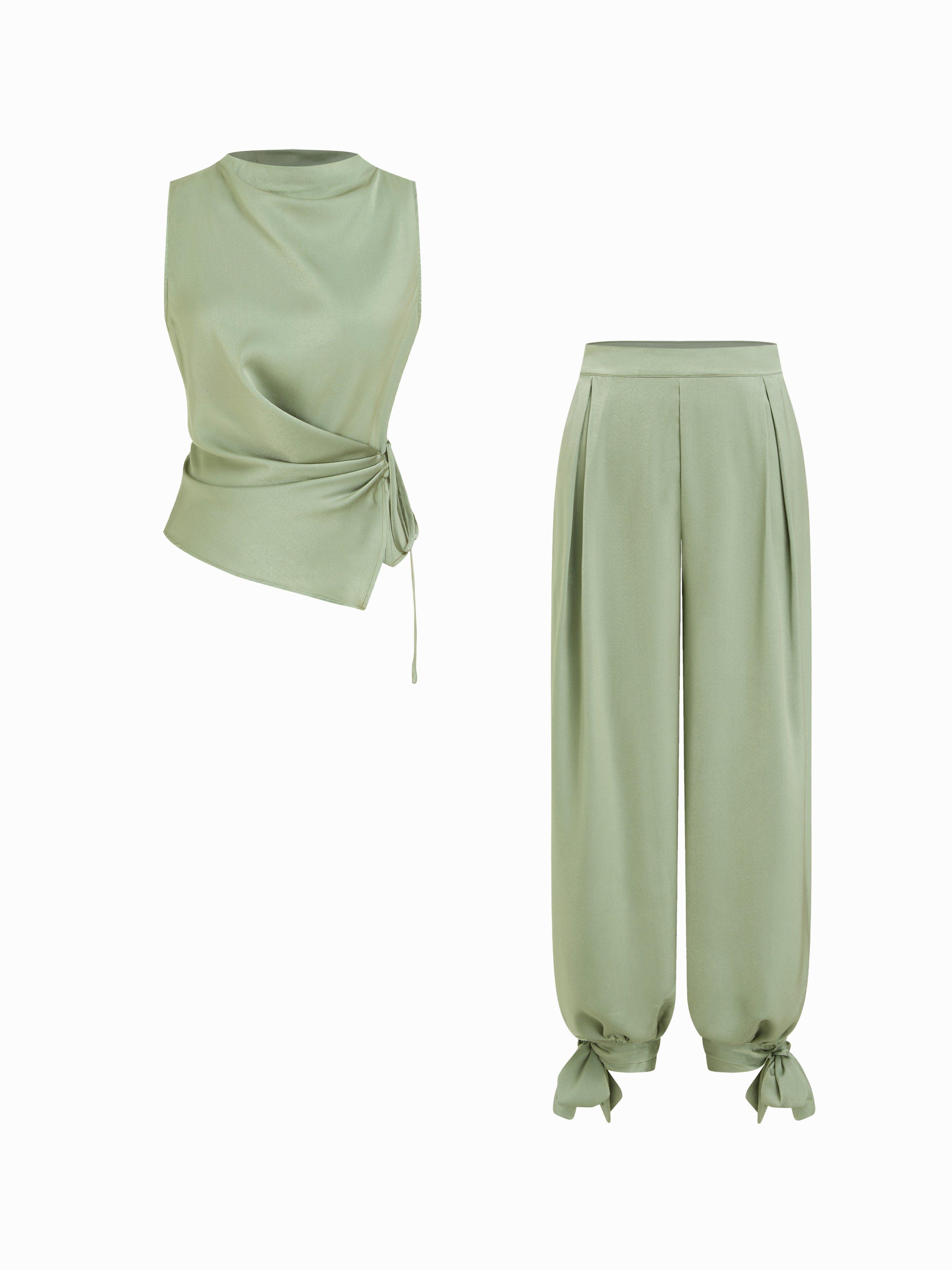 Satin Stand Collar Wraped Knotted Top & Mid Rise Bloomer Pants Set by CIDER