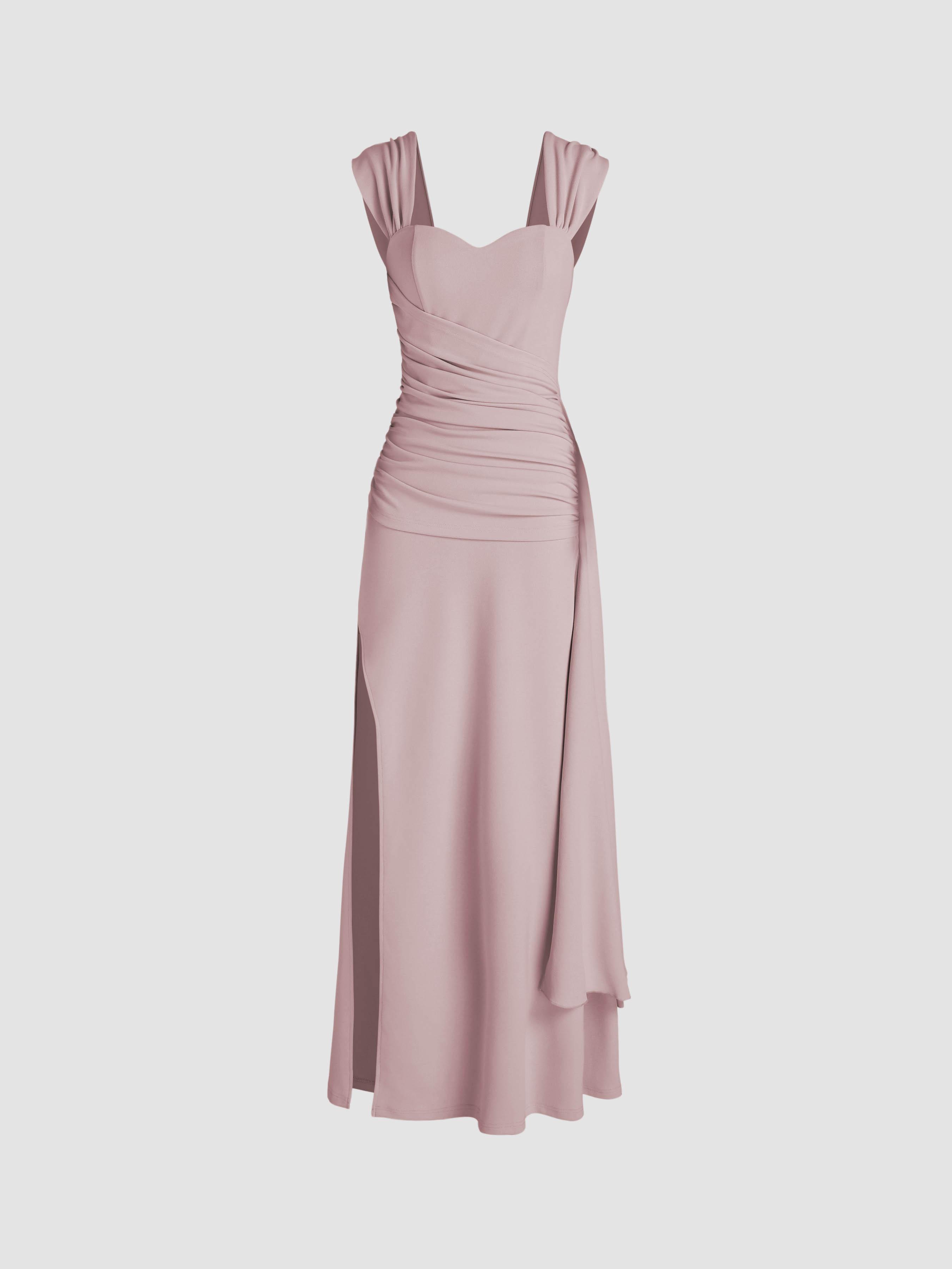Satin Sweetheart Ruched Split Maxi Dress by CIDER