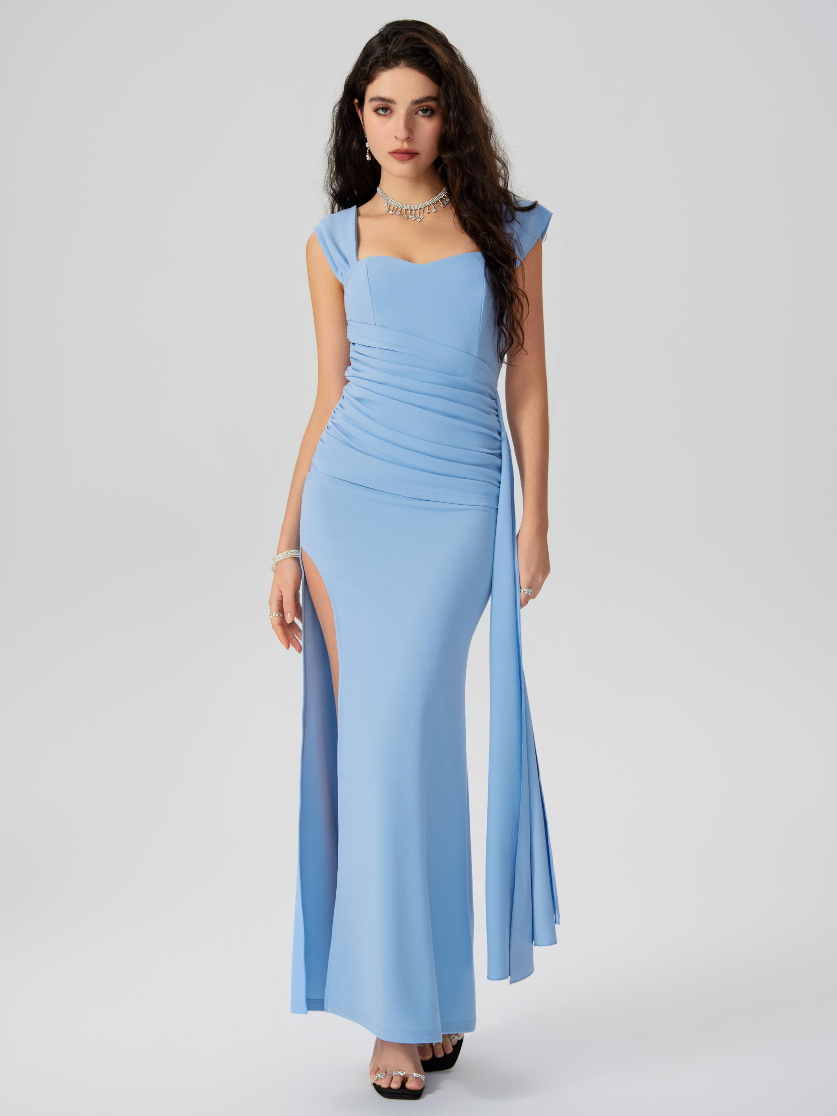 Satin Sweetheart Ruched Split Maxi Dress by CIDER