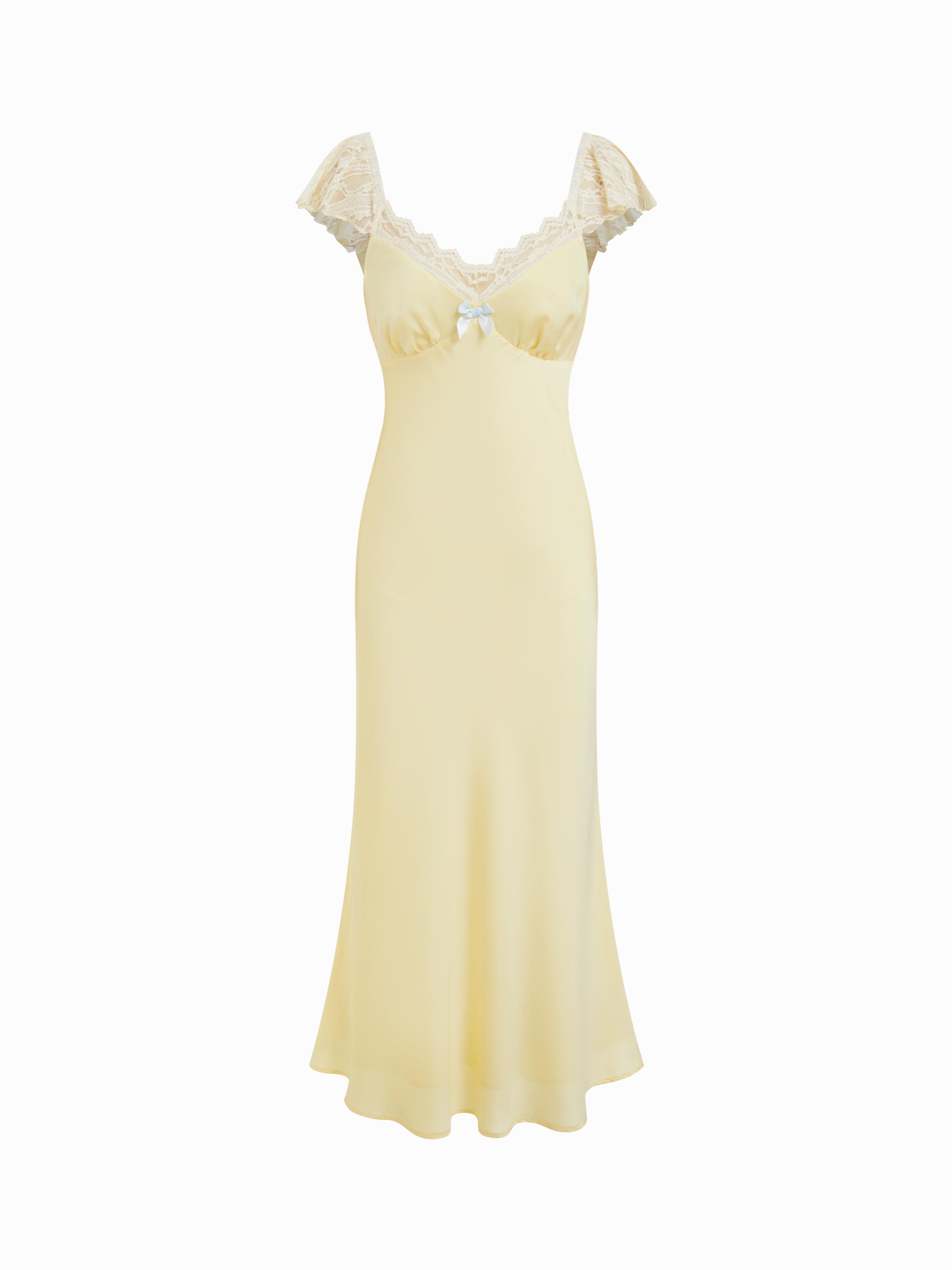 Satin Sweetheart Ruffle sleeve Lace Panel Bowknot Ruched Mermaid Maxi Dress by CIDER