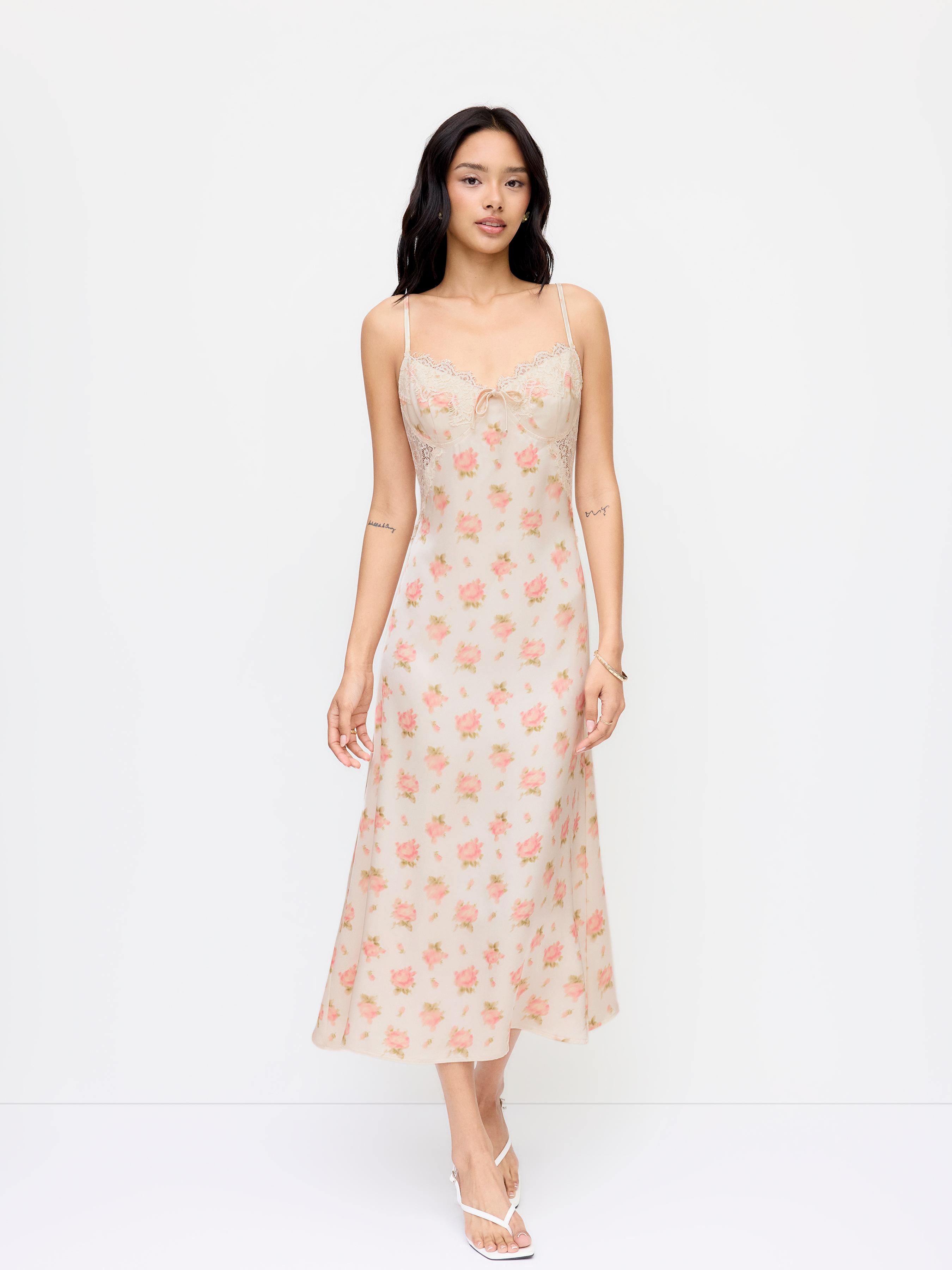 Satin V-Neck Floral Lace Knotted Cami Maxi Dress by CIDER