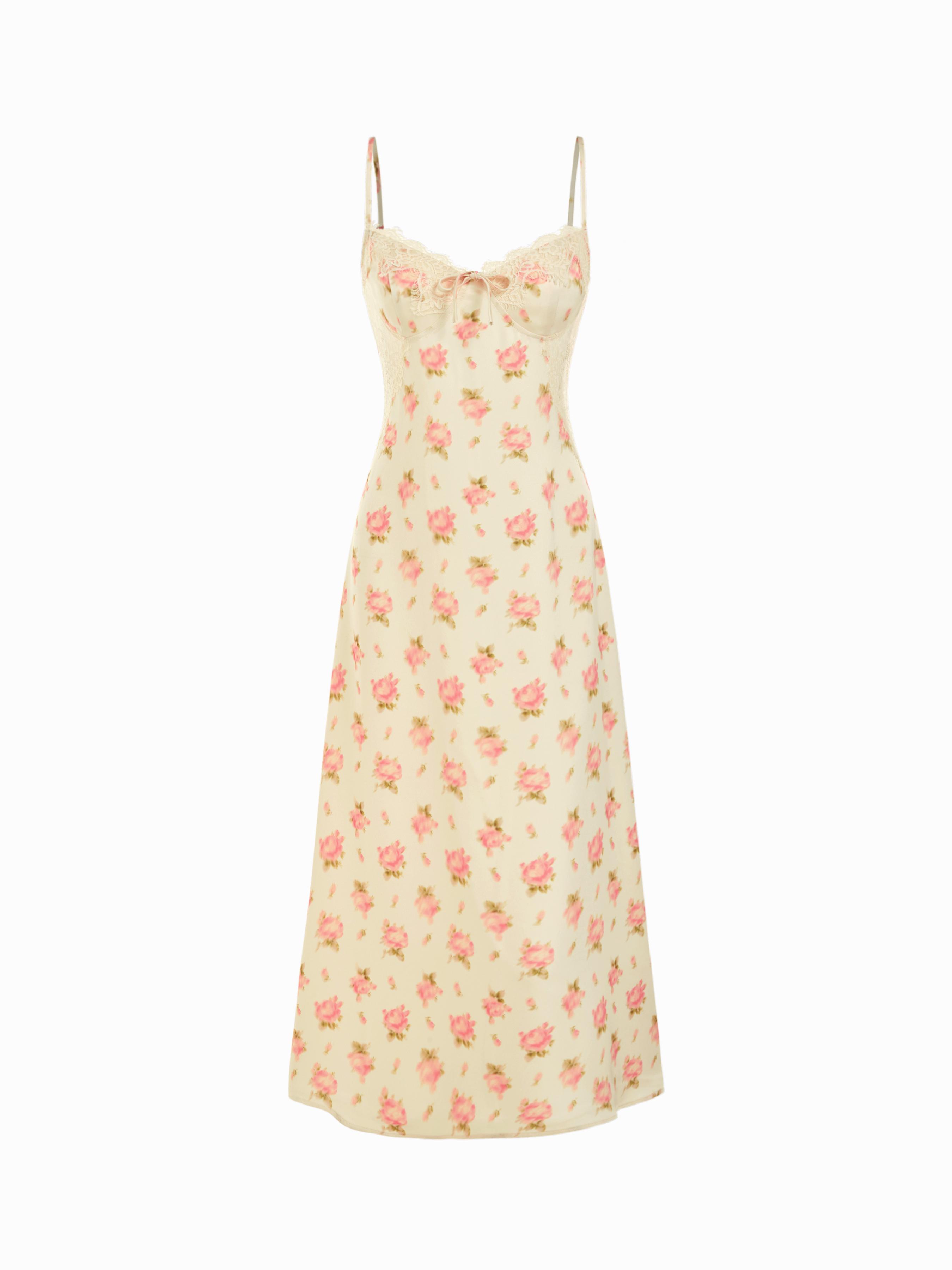 Satin V-Neck Floral Lace Knotted Cami Maxi Dress by CIDER