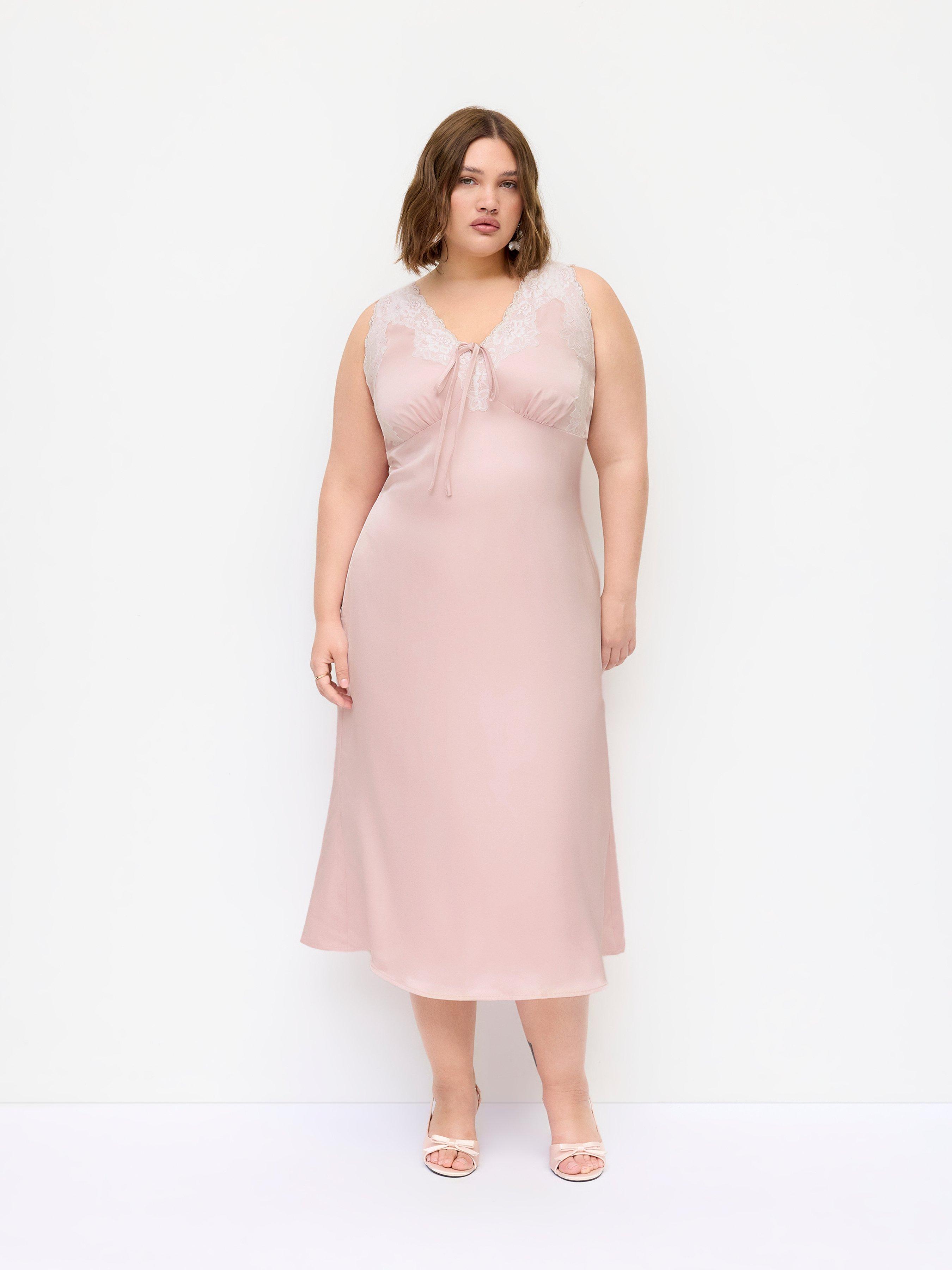 Satin V-Neck Lace Panel Knotted Maxi Slip Dress Curve & Plus by CIDER