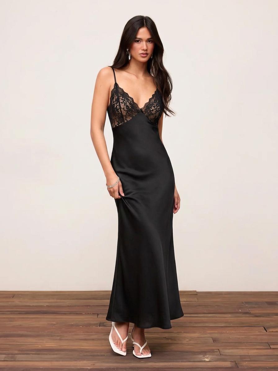 Satin V-Neck Lace Panel Mermaid Maxi Dress by CIDER
