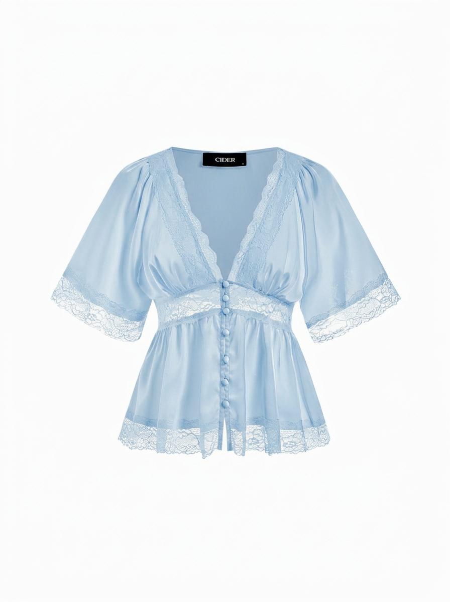 Satin V-Neck Lace Panel Ruffle Sleeve Blouse by CIDER