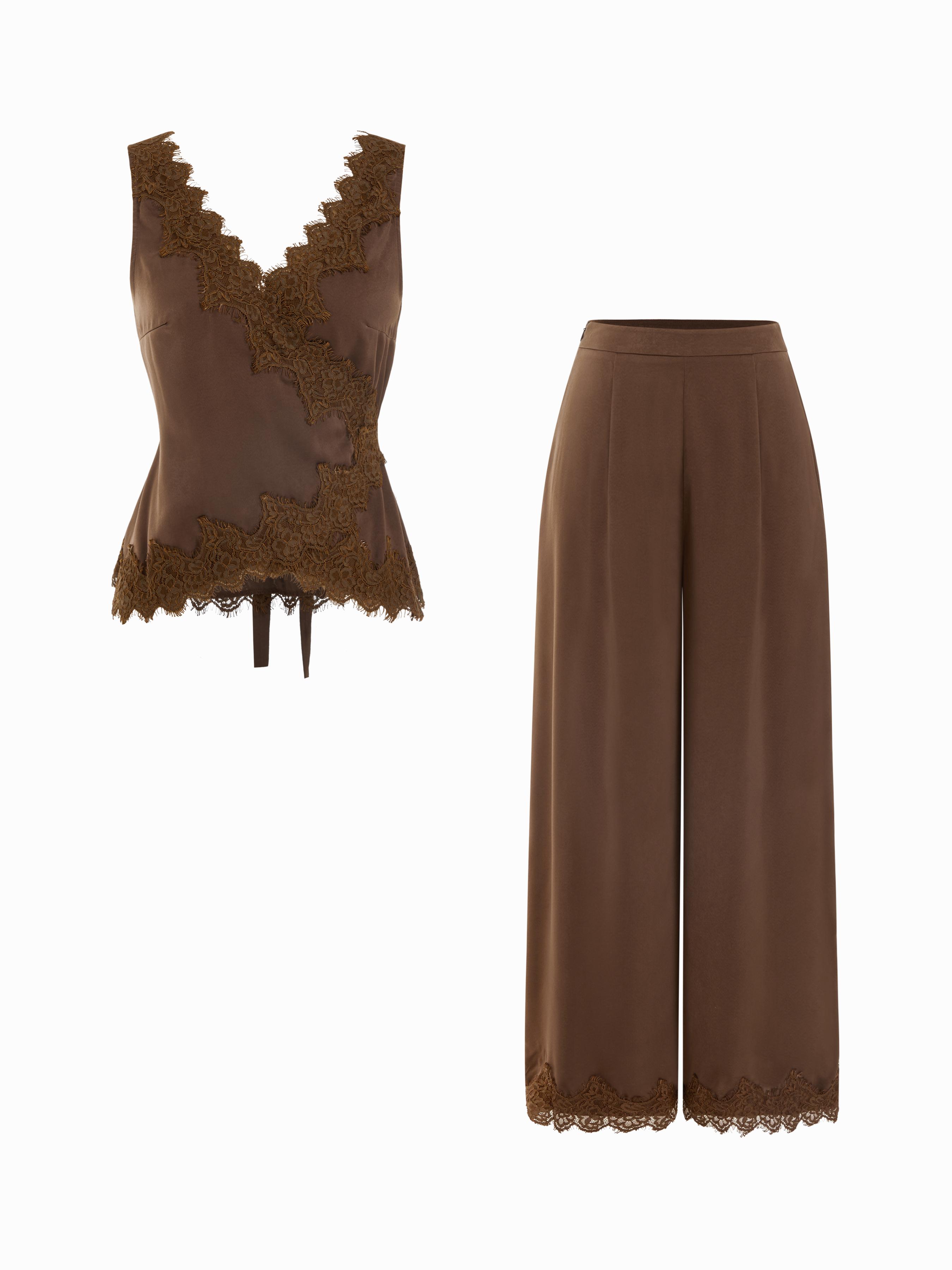 Satin V-Neck Lace Trim Wrap Top & Mid Rise Wide Leg Trousers Set by CIDER