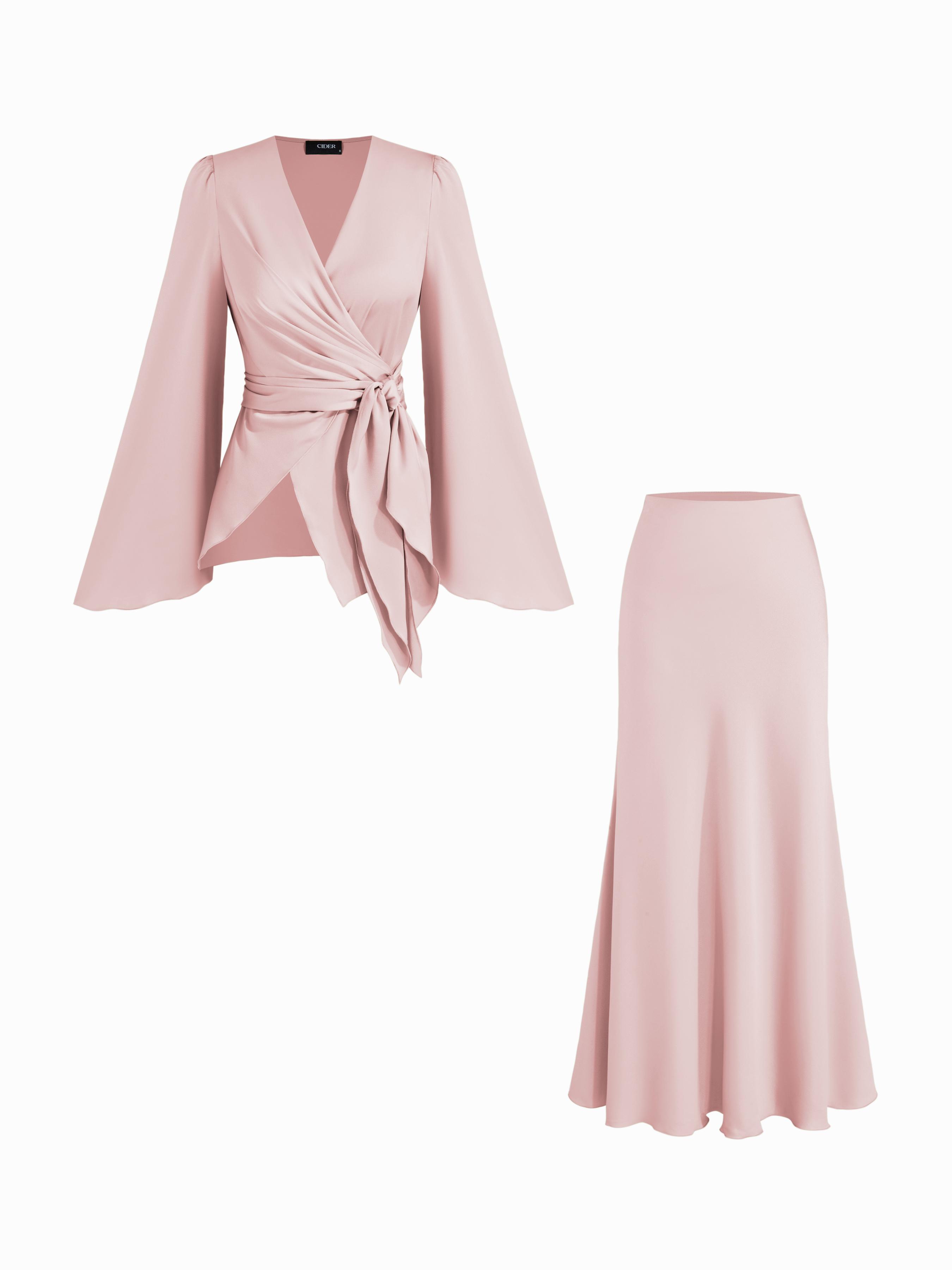 Satin V-neck Asymmetrical Hem Tie Waist Top & Mid Rise Mermaid Maxi Skirt Set by CIDER
