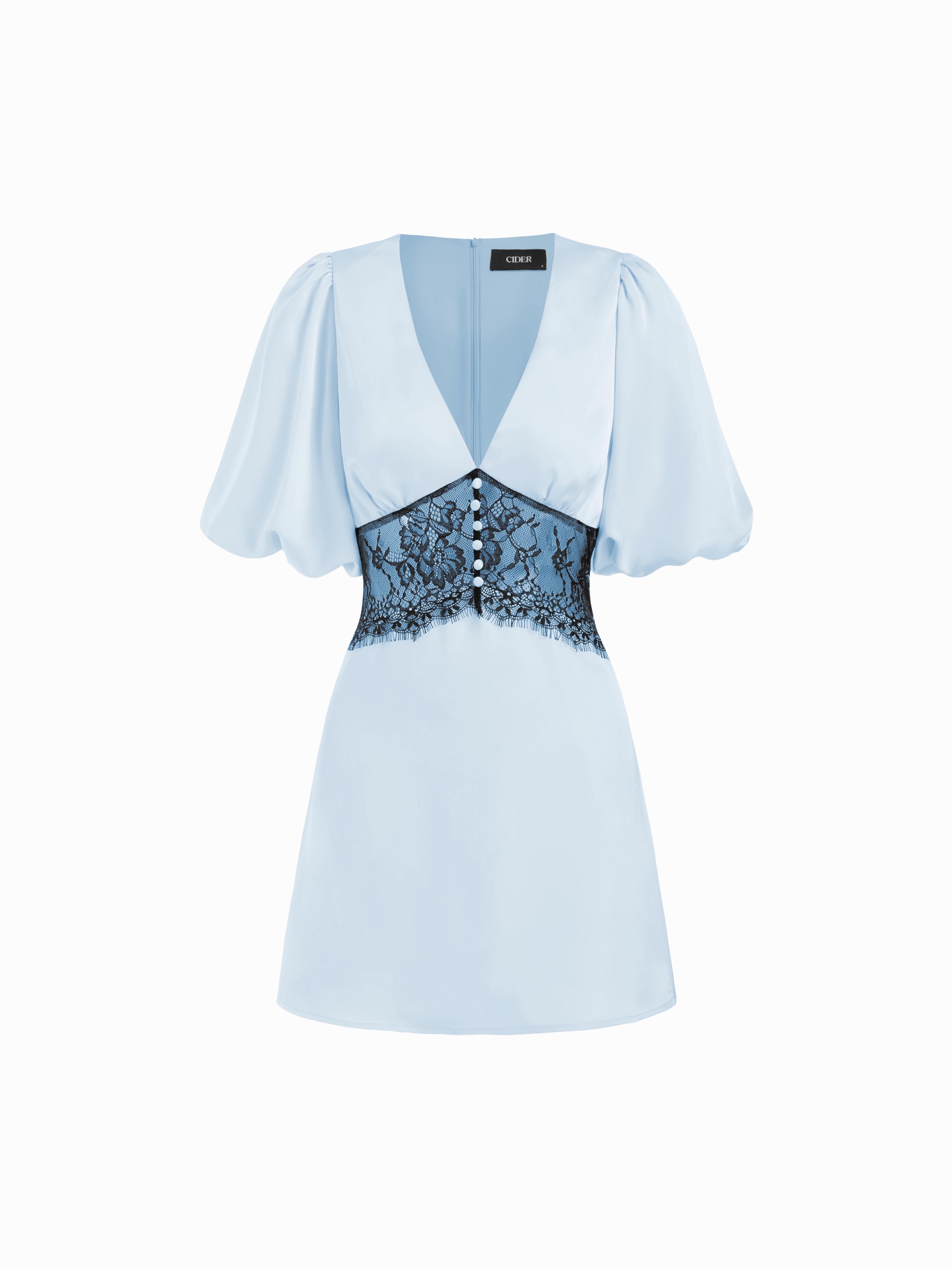 Satin V-neck Contrasting Lace Lantern Sleeve A-line Mini Dress by CIDER