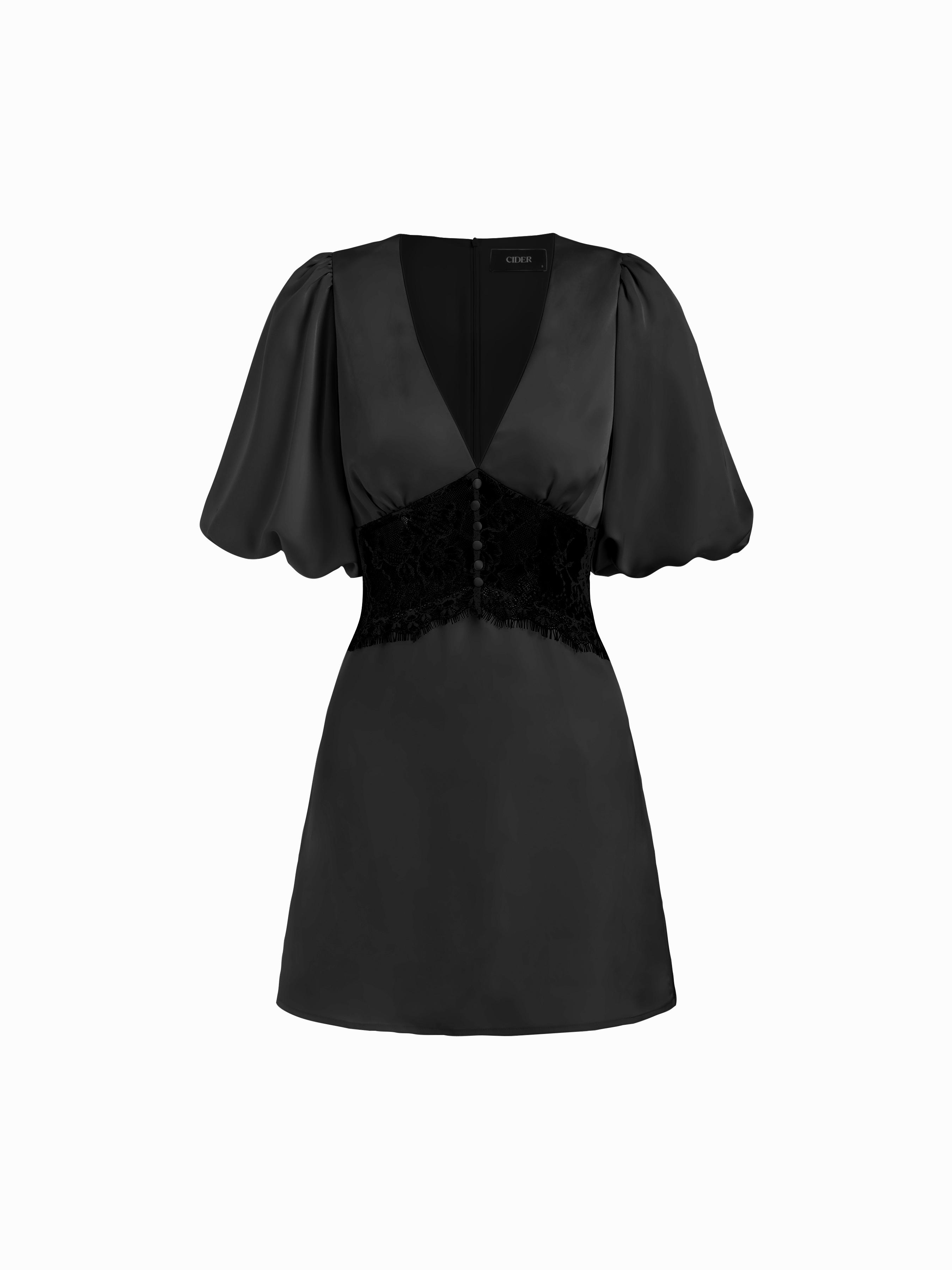 Satin V-neck Contrasting Lace Lantern Sleeve A-line Mini Dress by CIDER