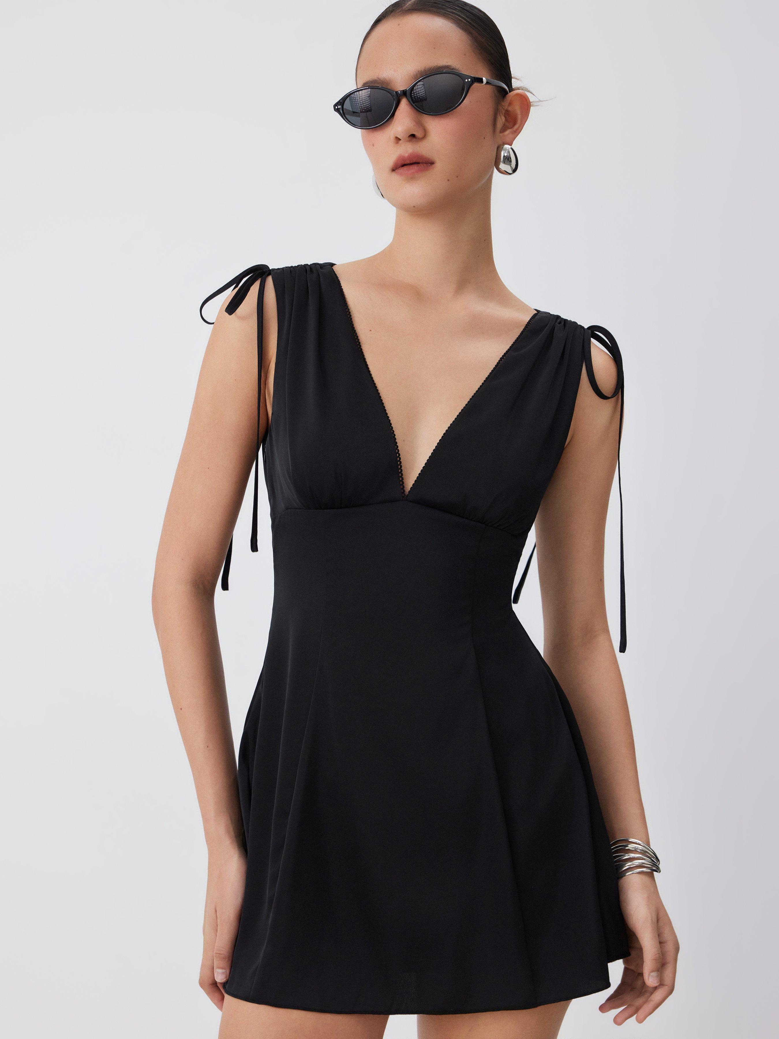 Satin V-neck Drawstring A-line Mini Dress by CIDER