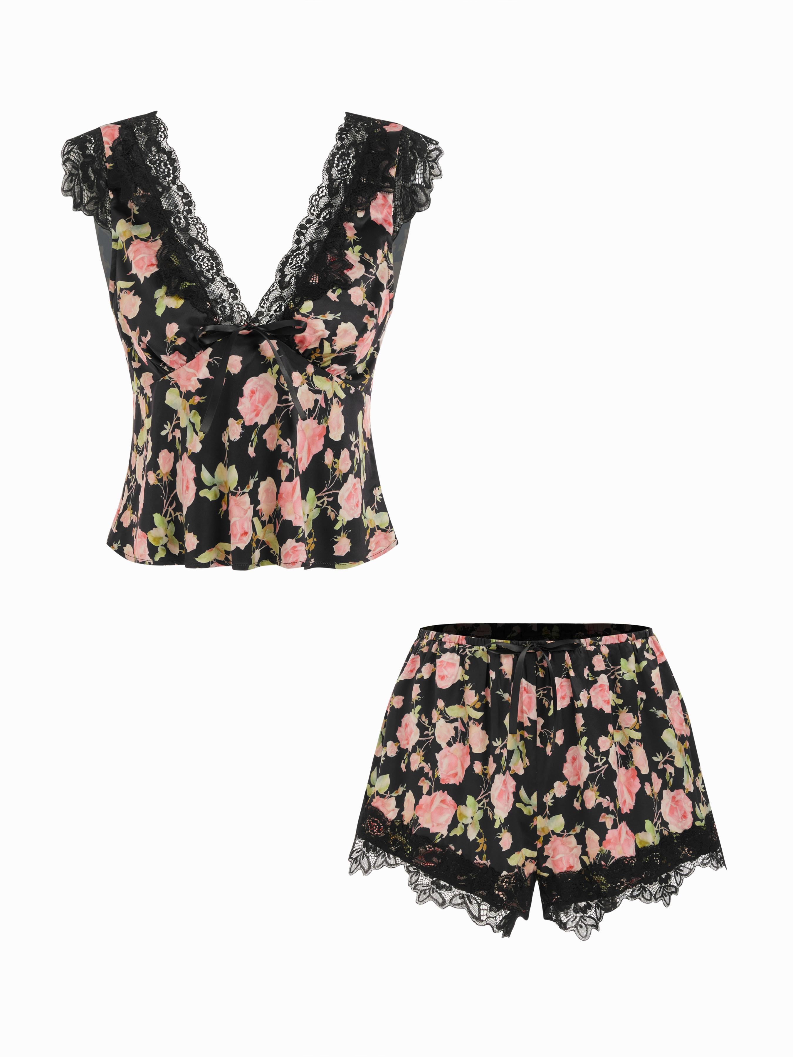 Satin V-neck Floral Bowknot Top & Low Rise Drawstring Lace Trim Shorts Loungewear Set by CIDER