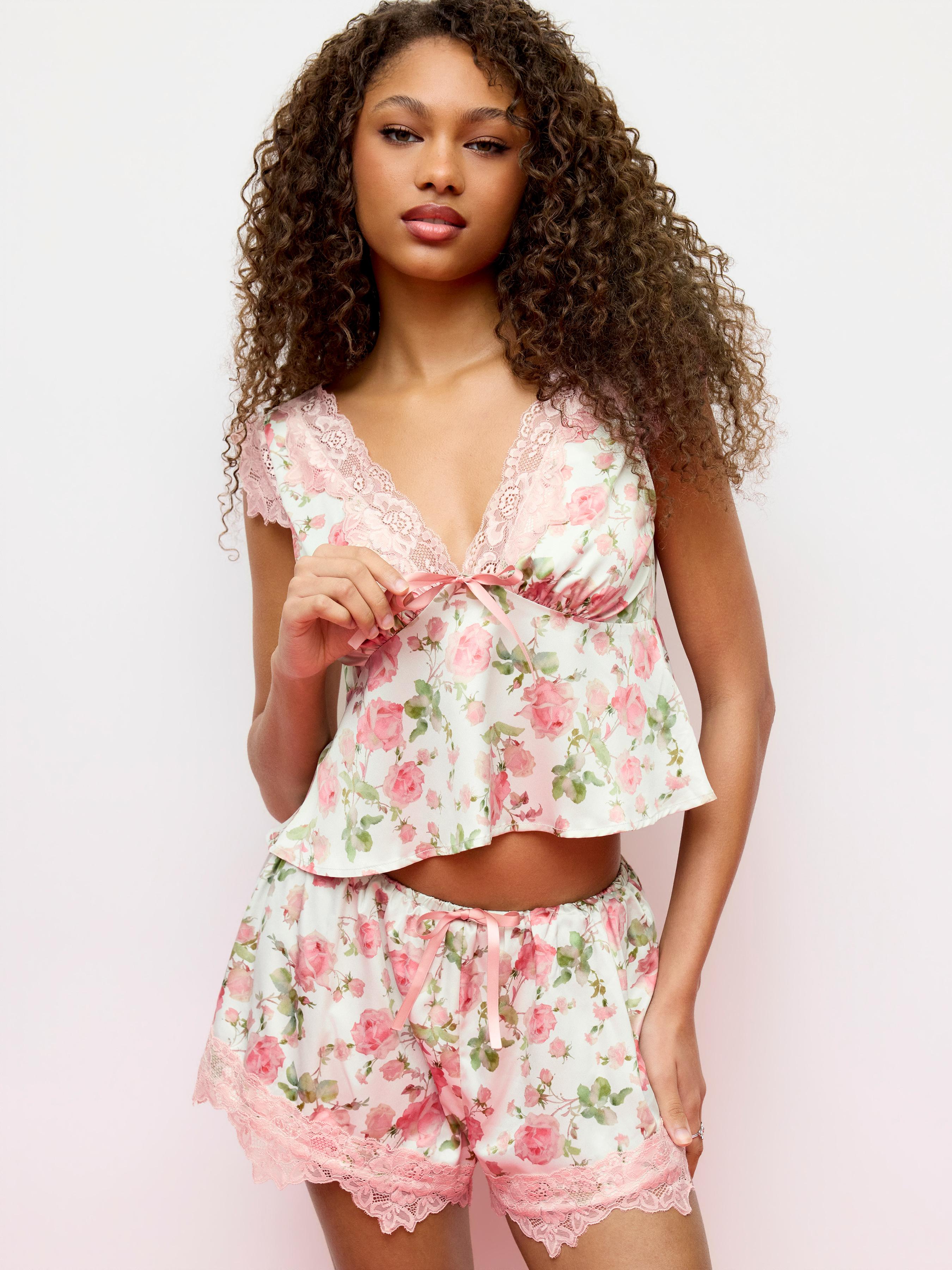 Satin V-neck Floral Bowknot Top & Low Rise Drawstring Lace Trim Shorts Loungewear Set by CIDER
