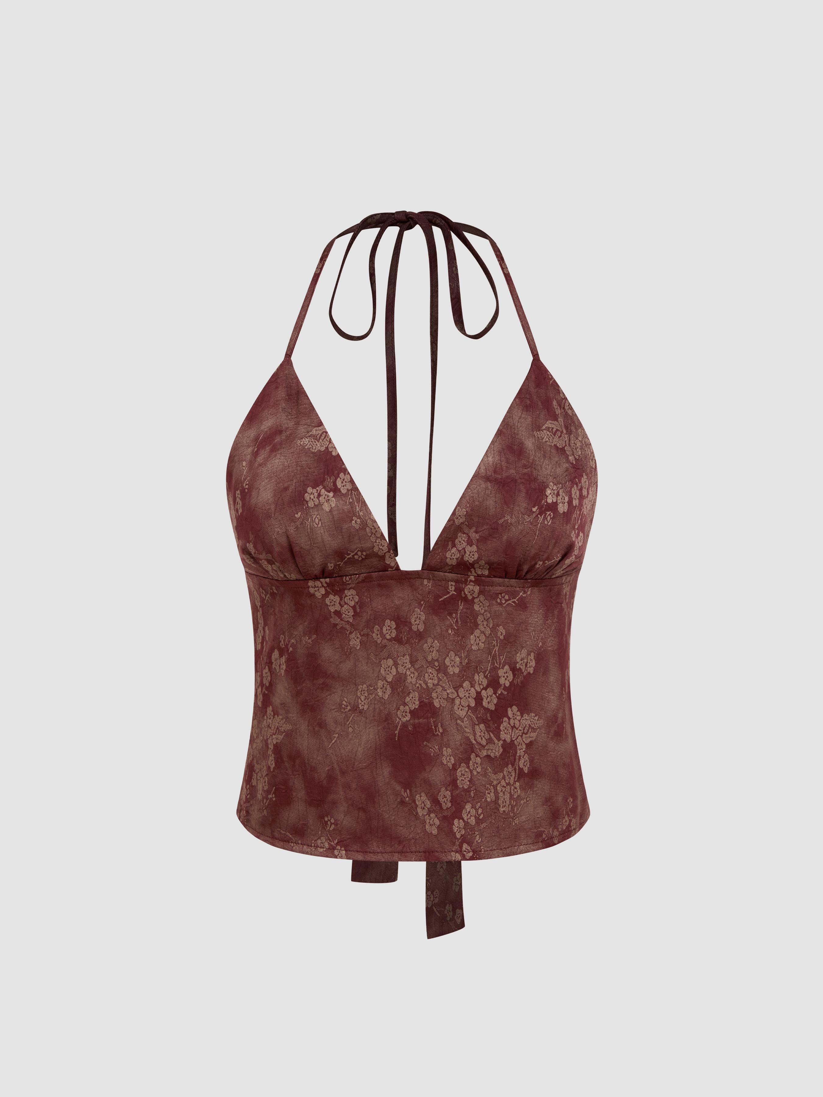 Satin V-neck Floral Knotted Backless Top by CIDER