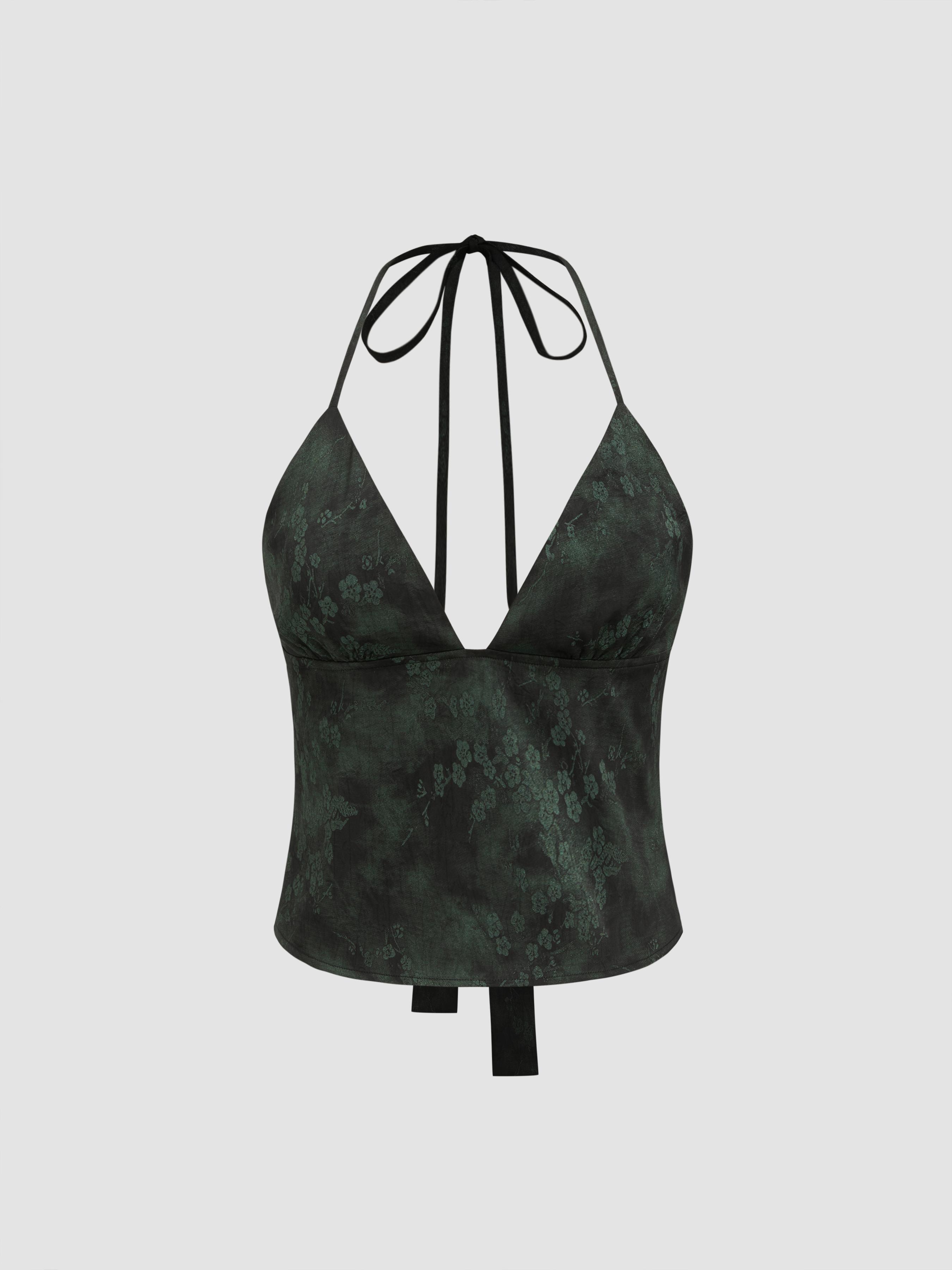 Satin V-neck Floral Knotted Backless Top by CIDER
