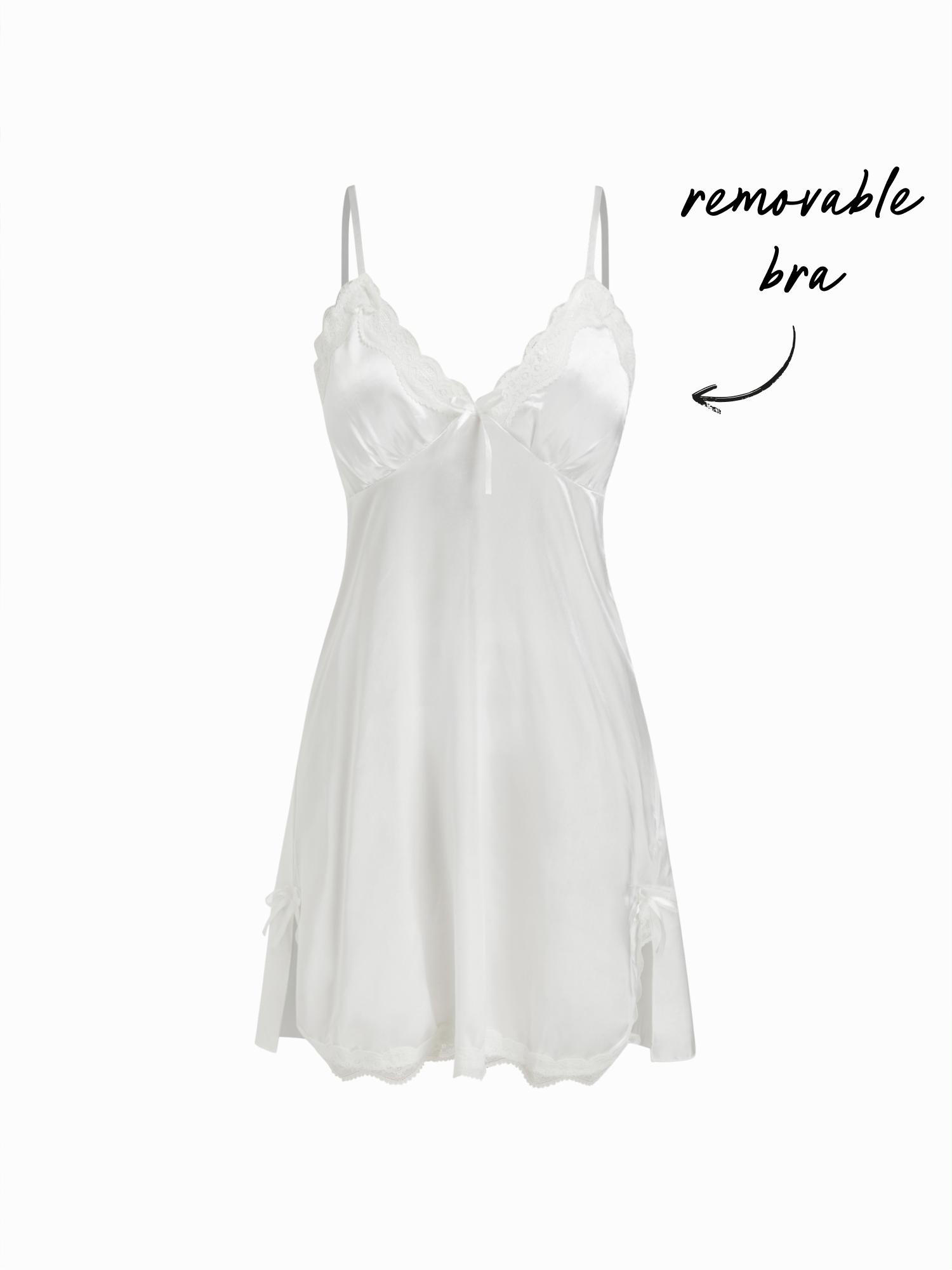 Satin V-neck Floral Lace Bowknot Cami Nightdress by CIDER