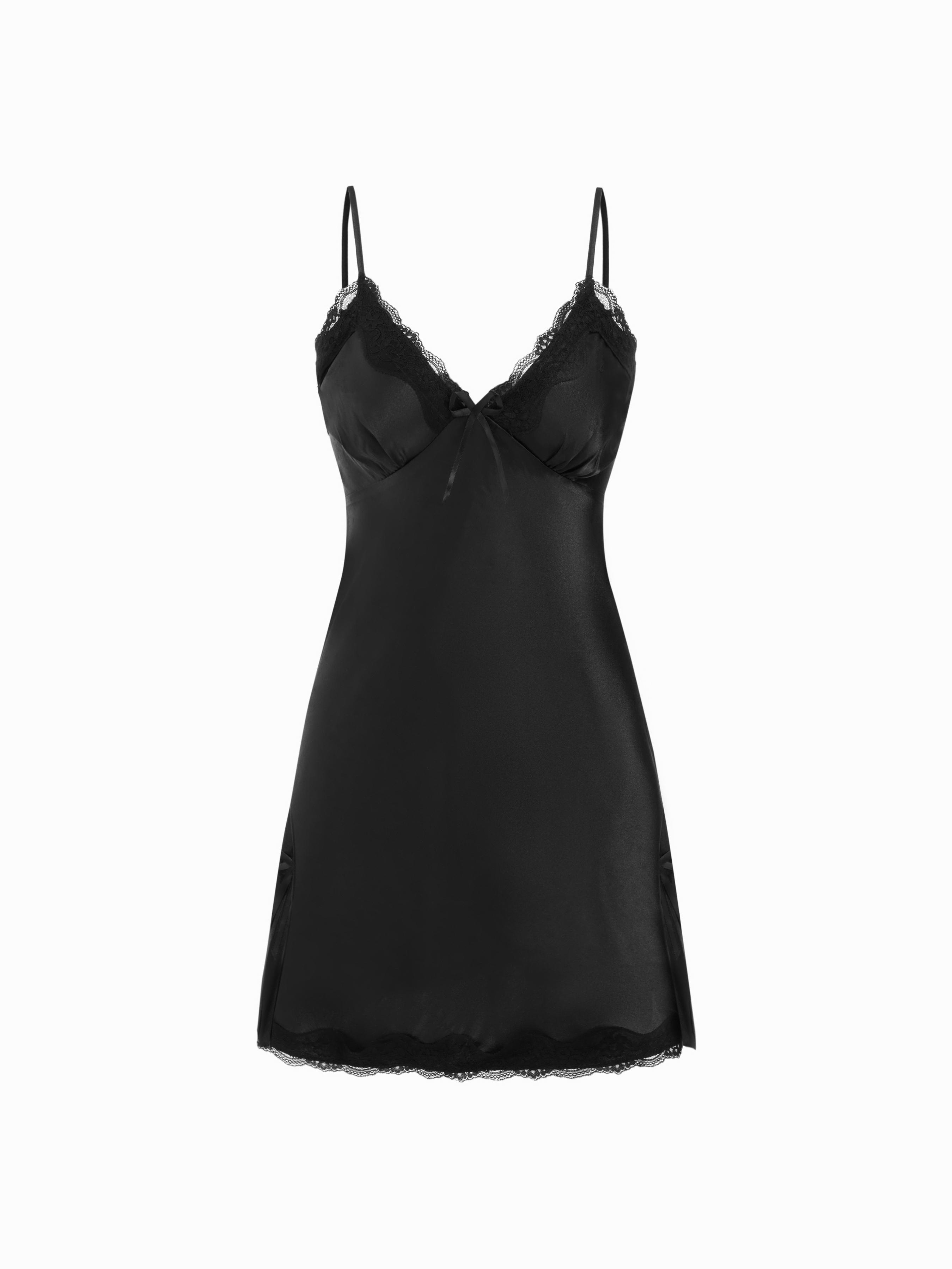 Satin V-neck Floral Lace Bowknot Cami Nightdress by CIDER