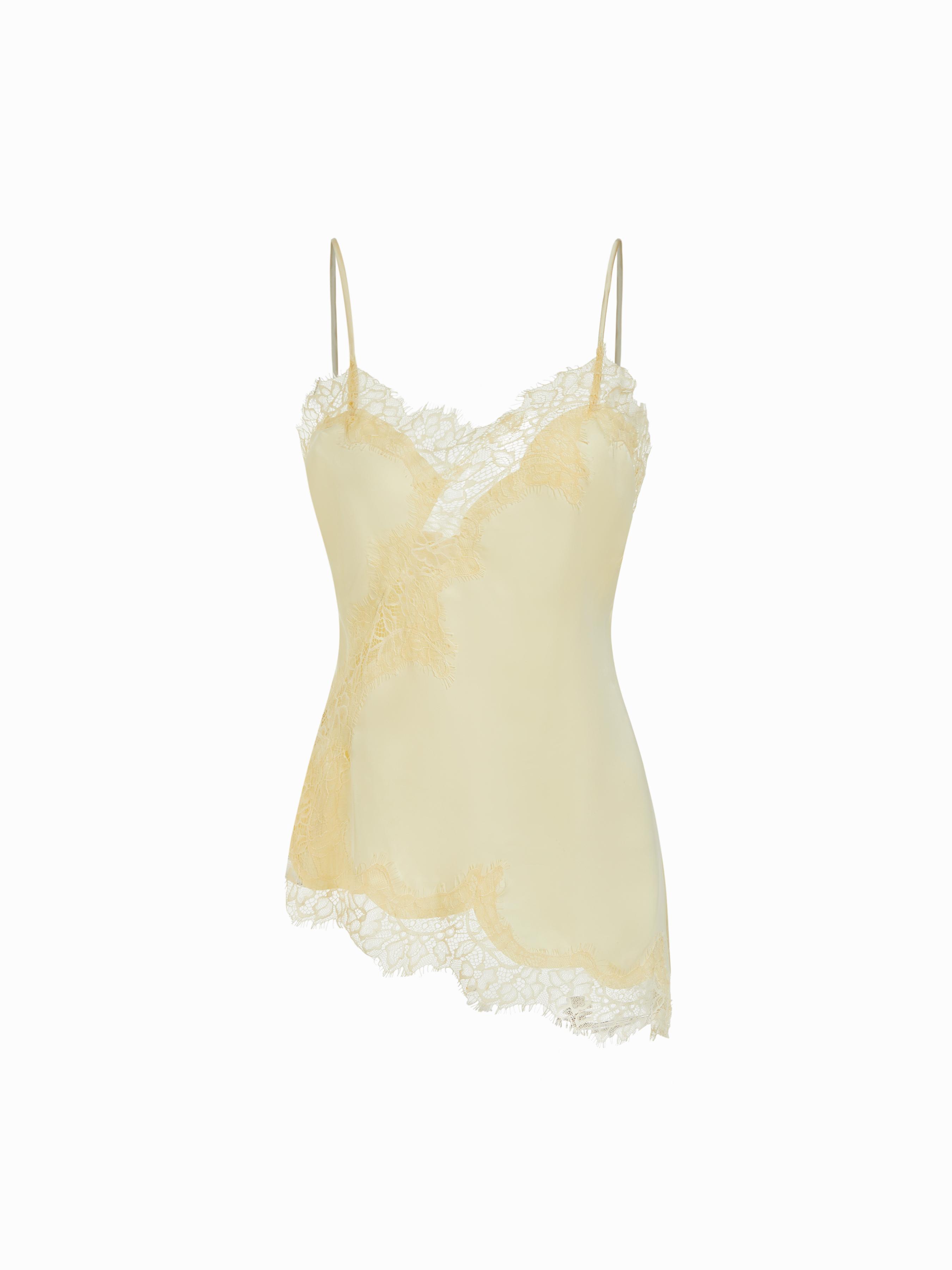 Satin V-neck Floral Lace Lettuce Trim Cami Blouse by CIDER