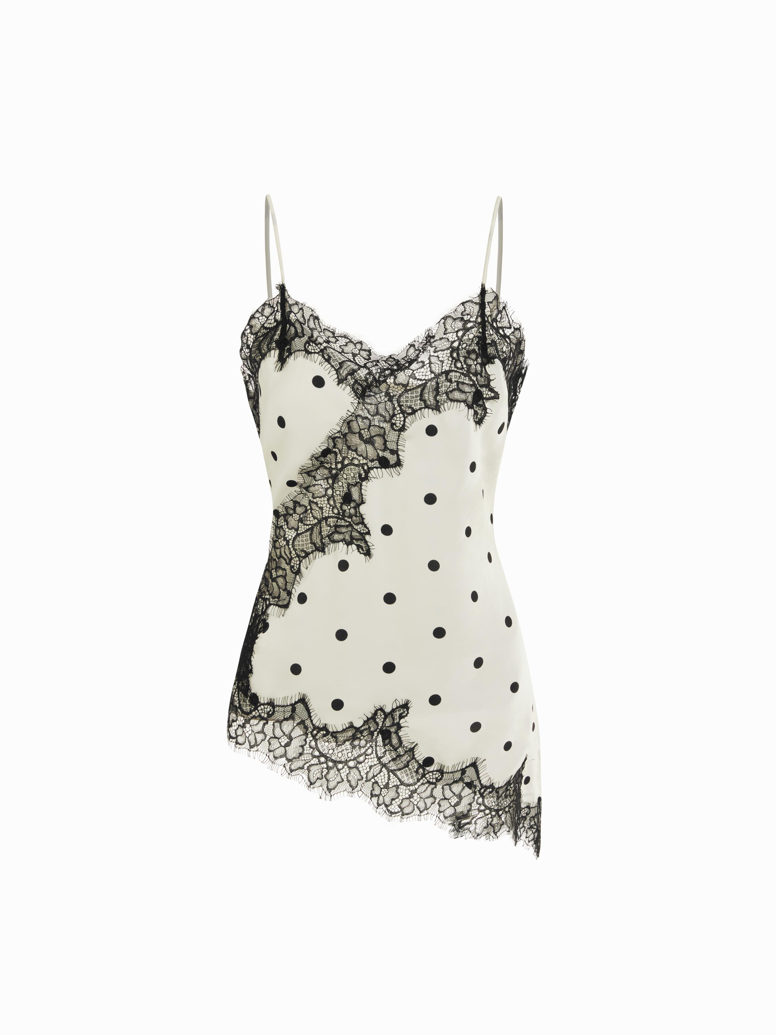Satin V-neck Floral Lace Lettuce Trim Cami Blouse by CIDER