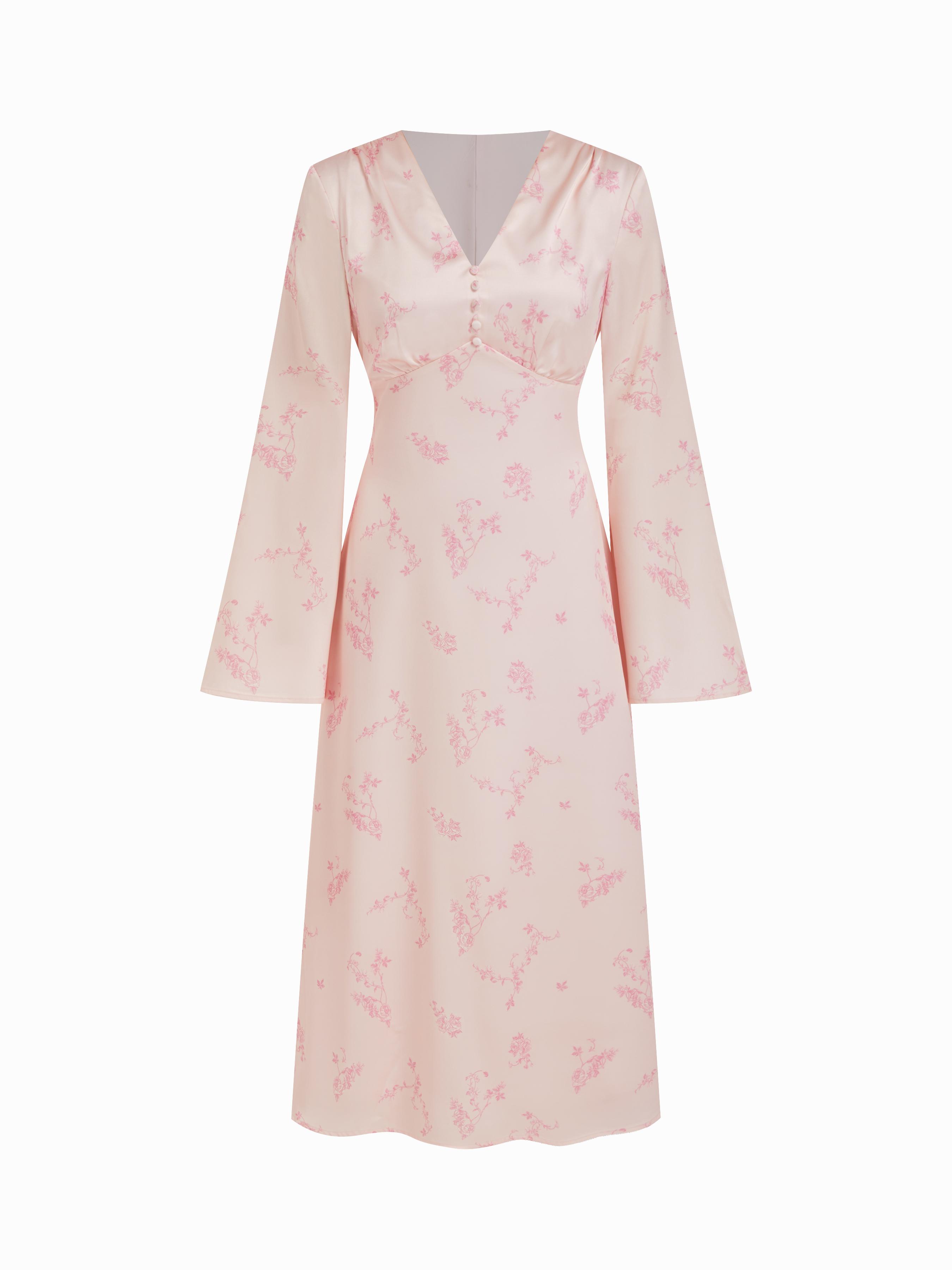 Satin V-neck Floral Lace Up Bell Sleeve Maxi Dress by CIDER