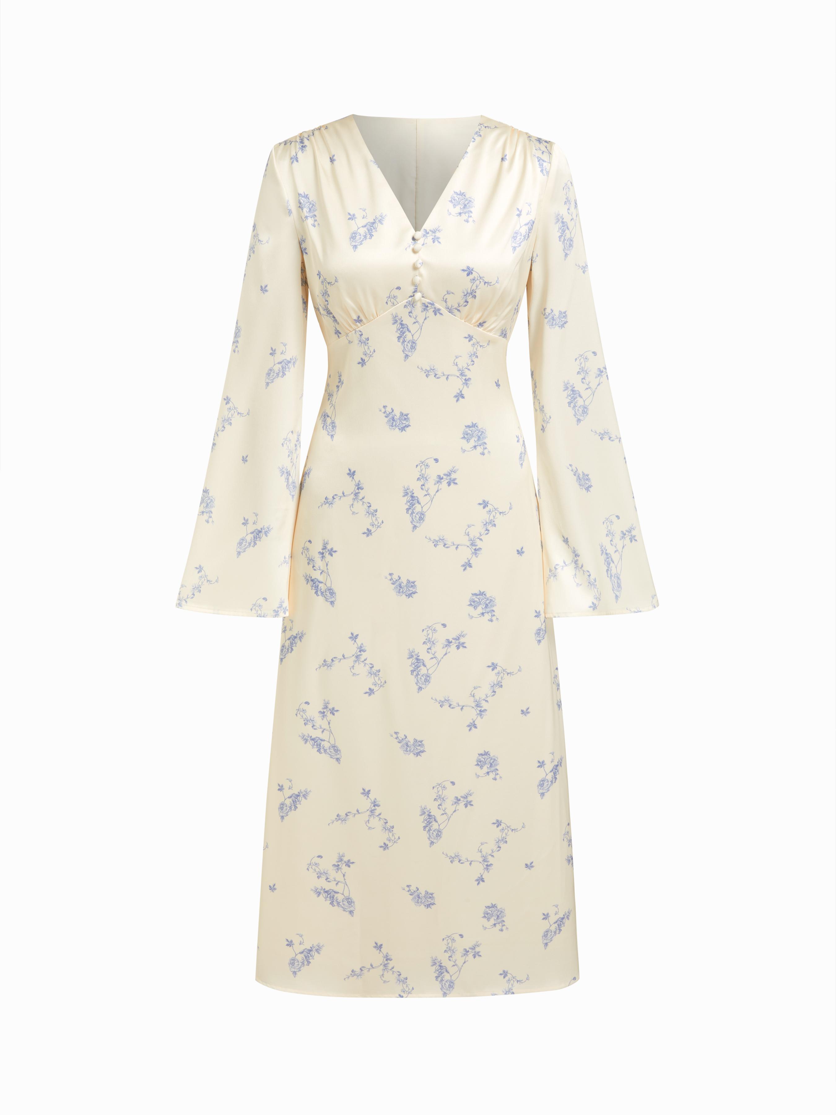 Satin V-neck Floral Lace Up Bell Sleeve Maxi Dress by CIDER