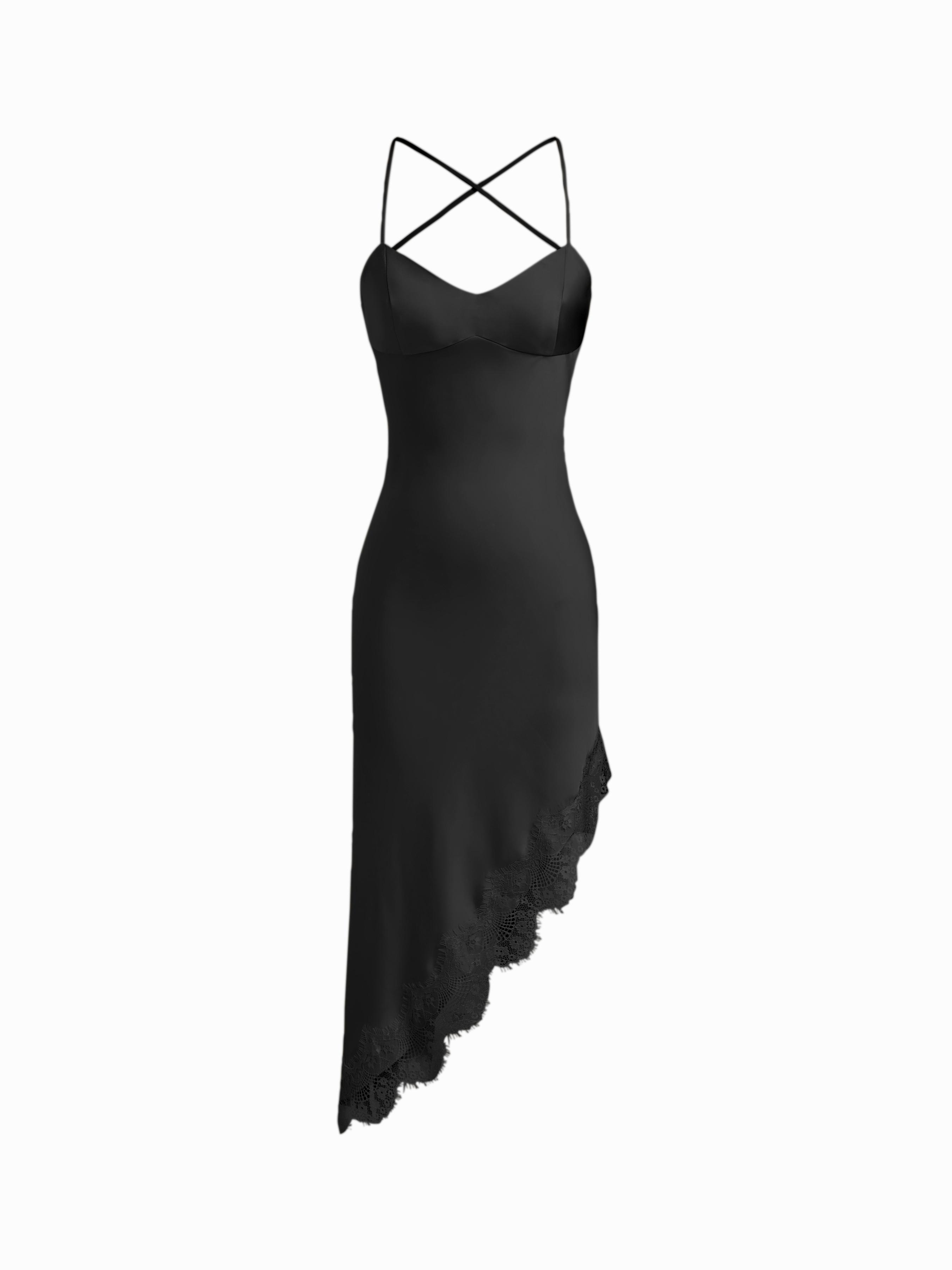 Satin V-neck Lace Backless Asymmetrical Hem Maxi Dress by CIDER