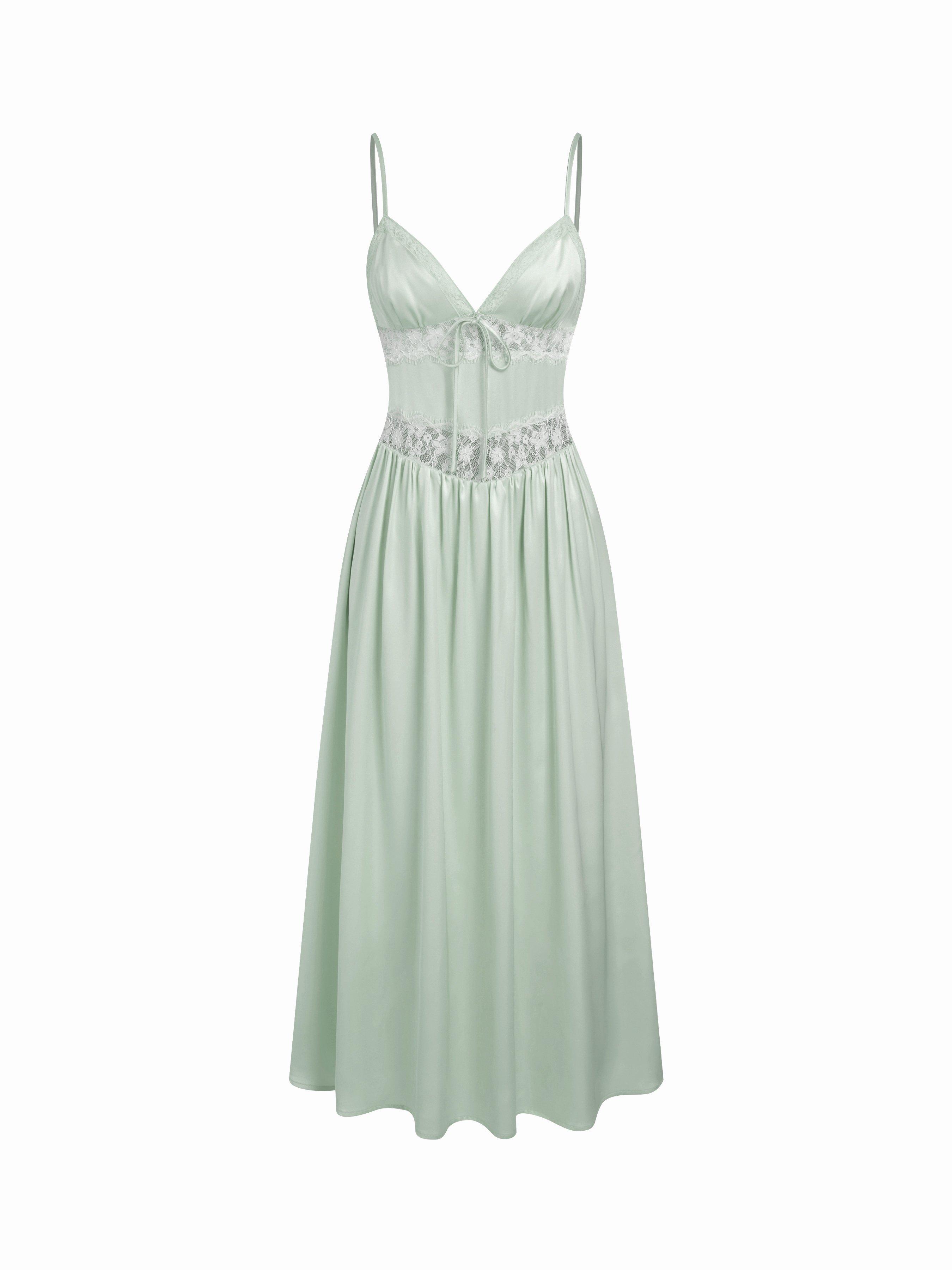 Satin V-neck Lace Panel Mid Rise Maxi Slip Dress by CIDER