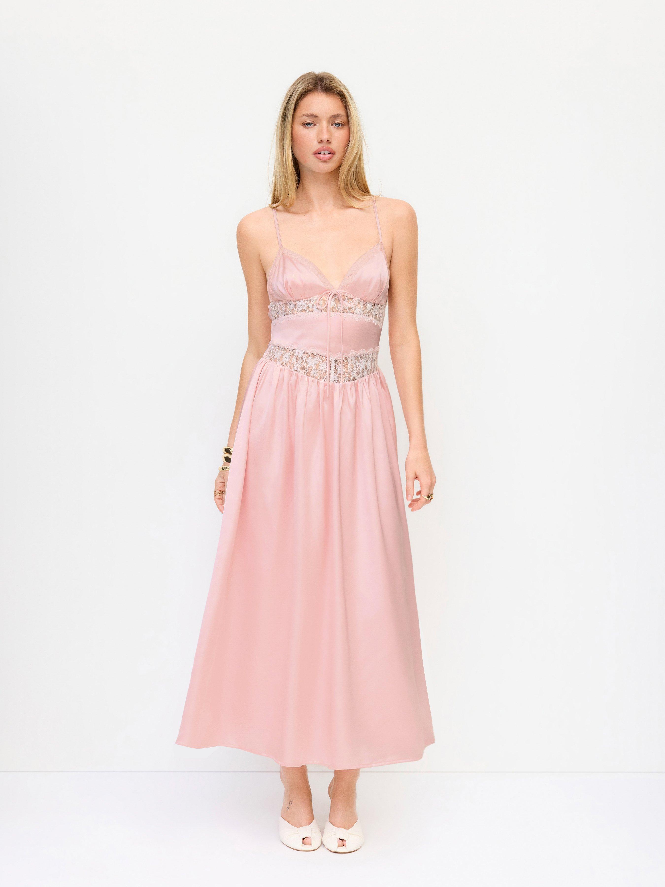 Satin V-neck Lace Panel Mid Rise Maxi Slip Dress by CIDER