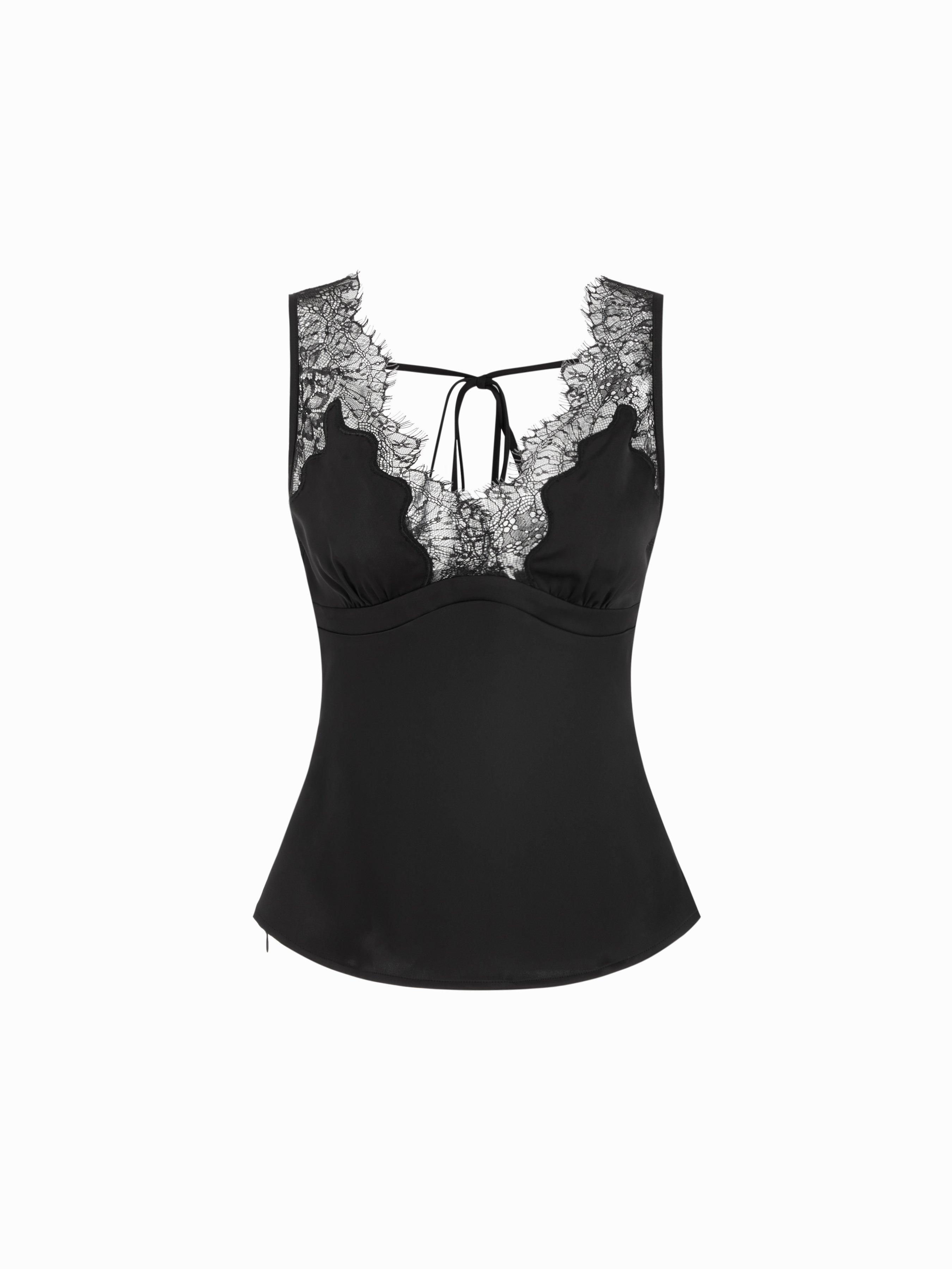 Satin V-neck Lace Tank Top by CIDER