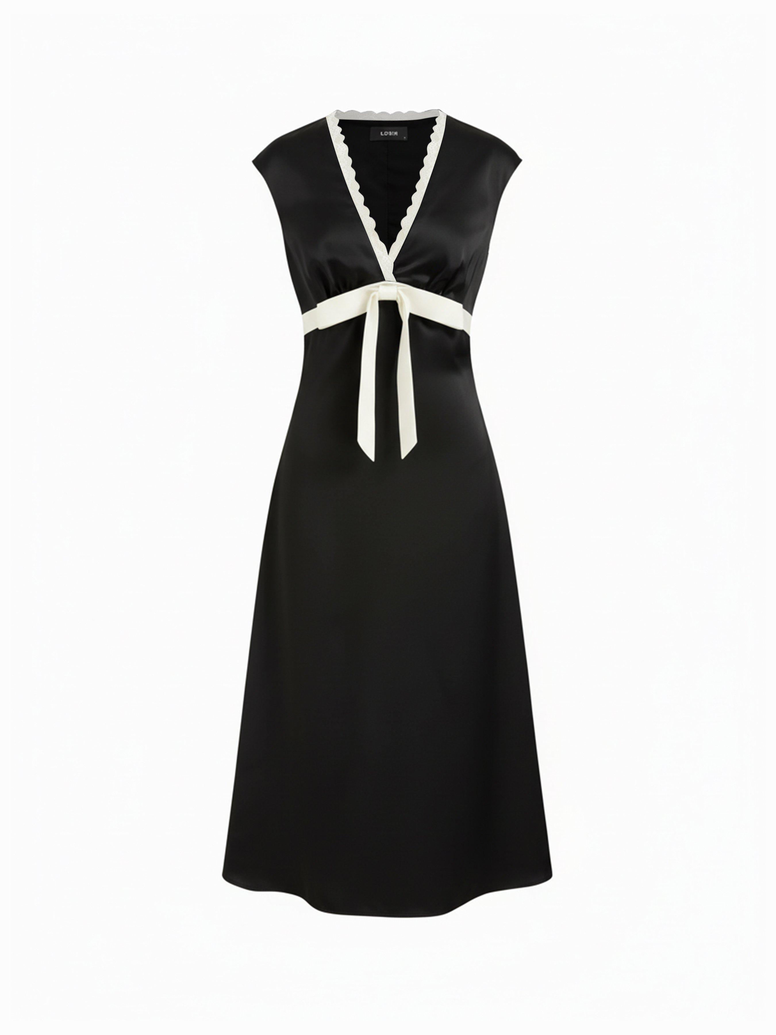 Satin V-neck Lace Trim A-line Maxi Dress by CIDER