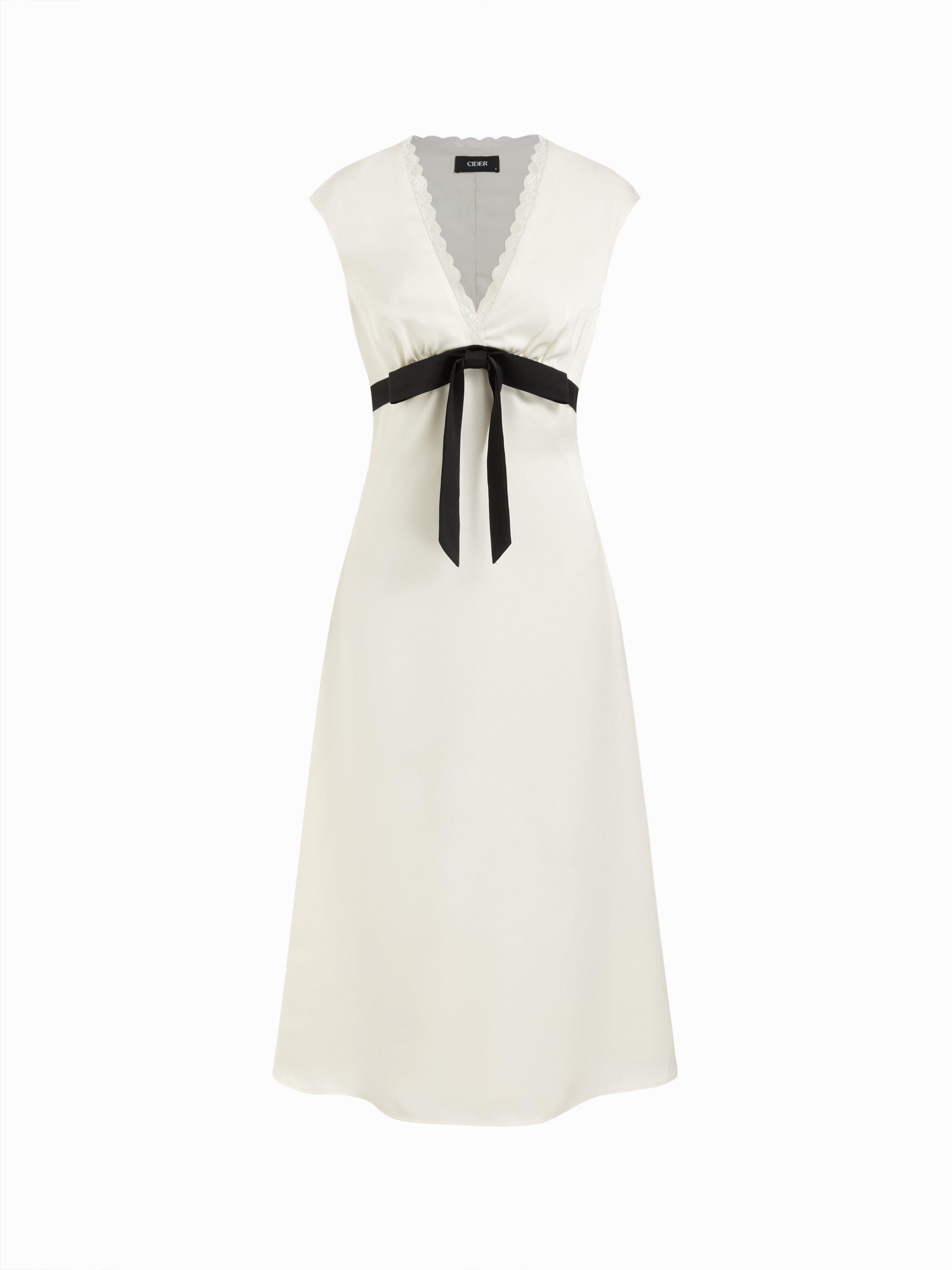 Satin V-neck Lace Trim A-line Maxi Dress by CIDER