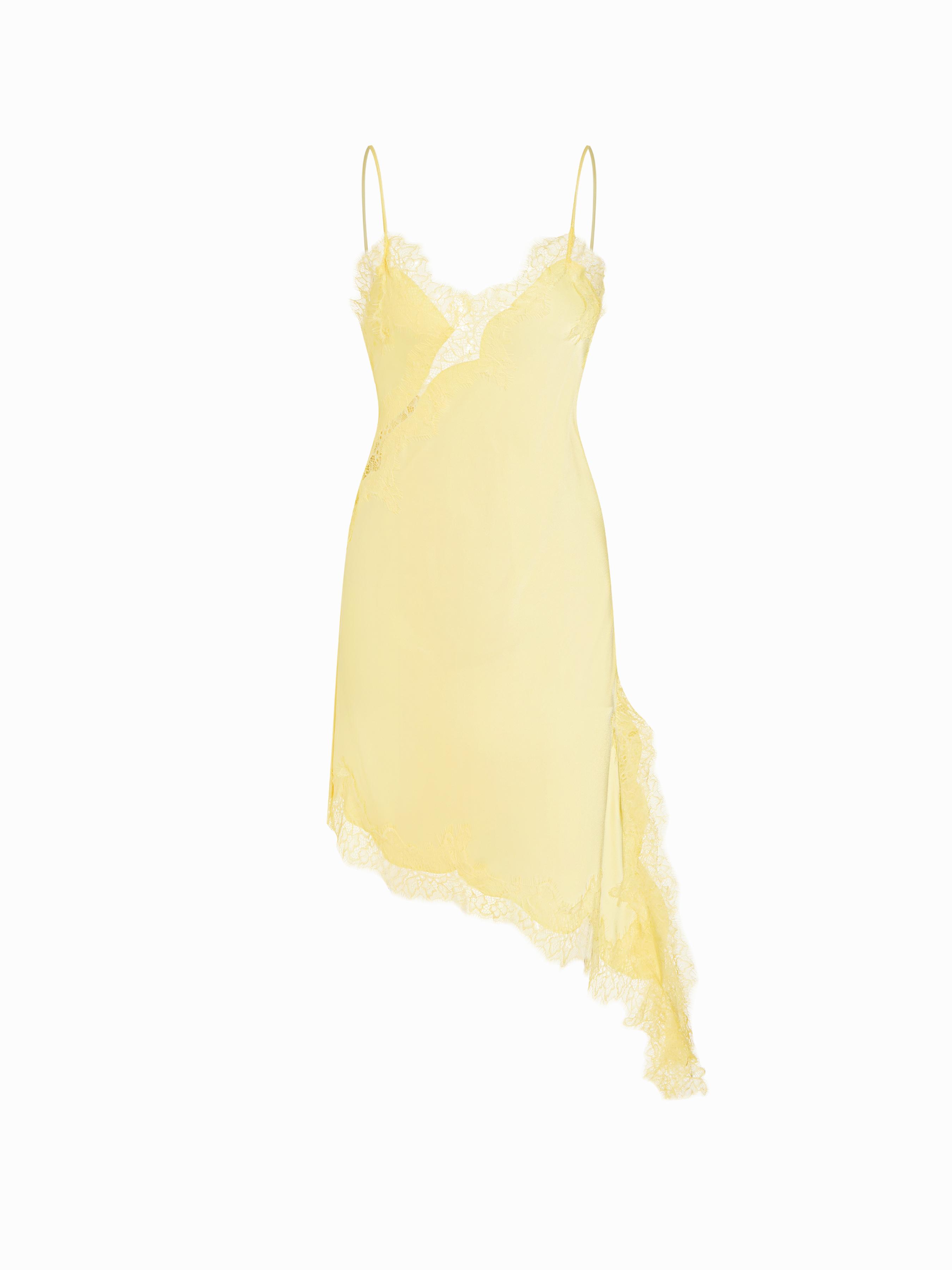 Satin V-neck Lace Trim Asymmetric Hem Midi Dress by CIDER