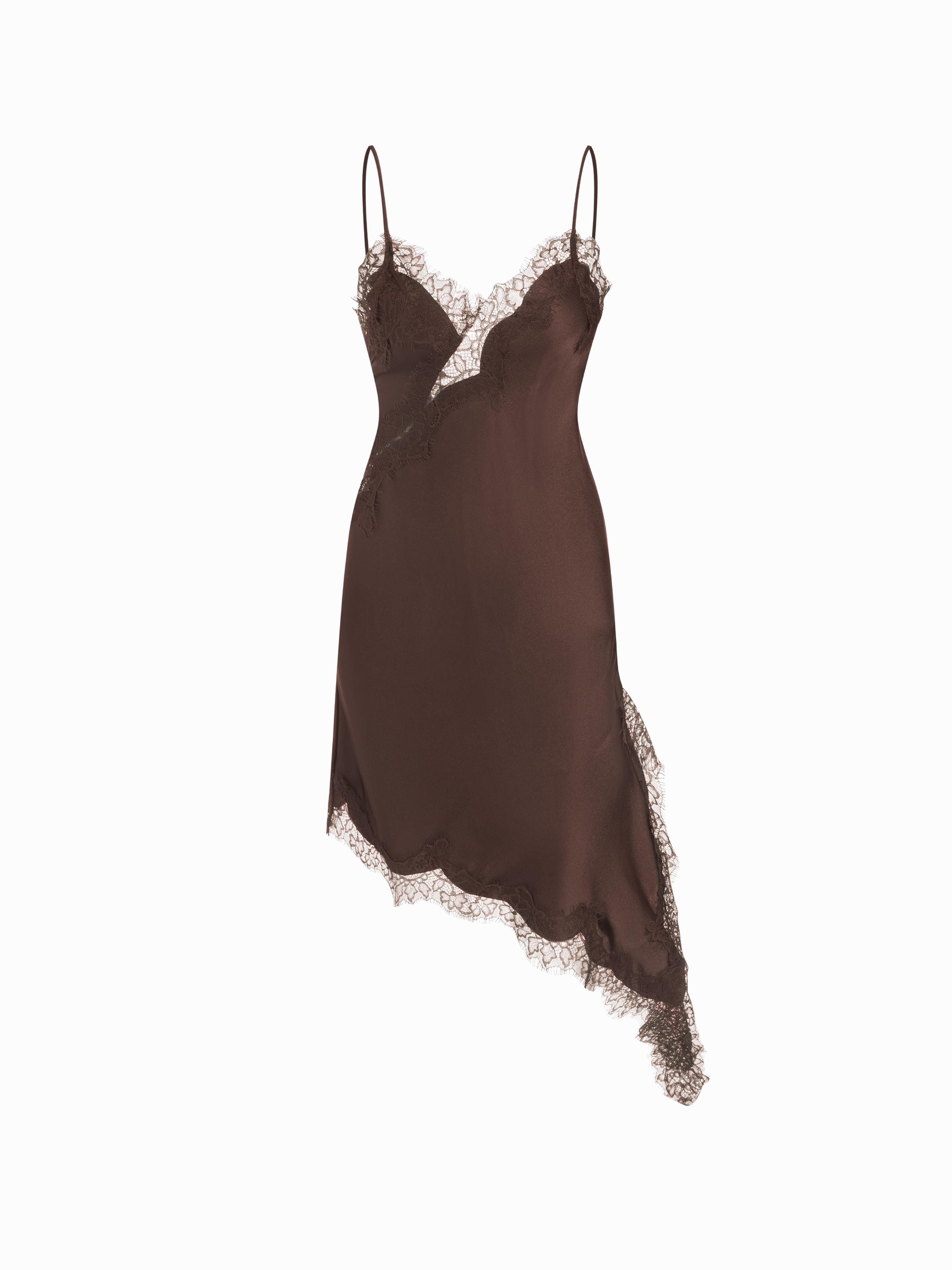 Satin V-neck Lace Trim Asymmetric Hem Midi Dress by CIDER
