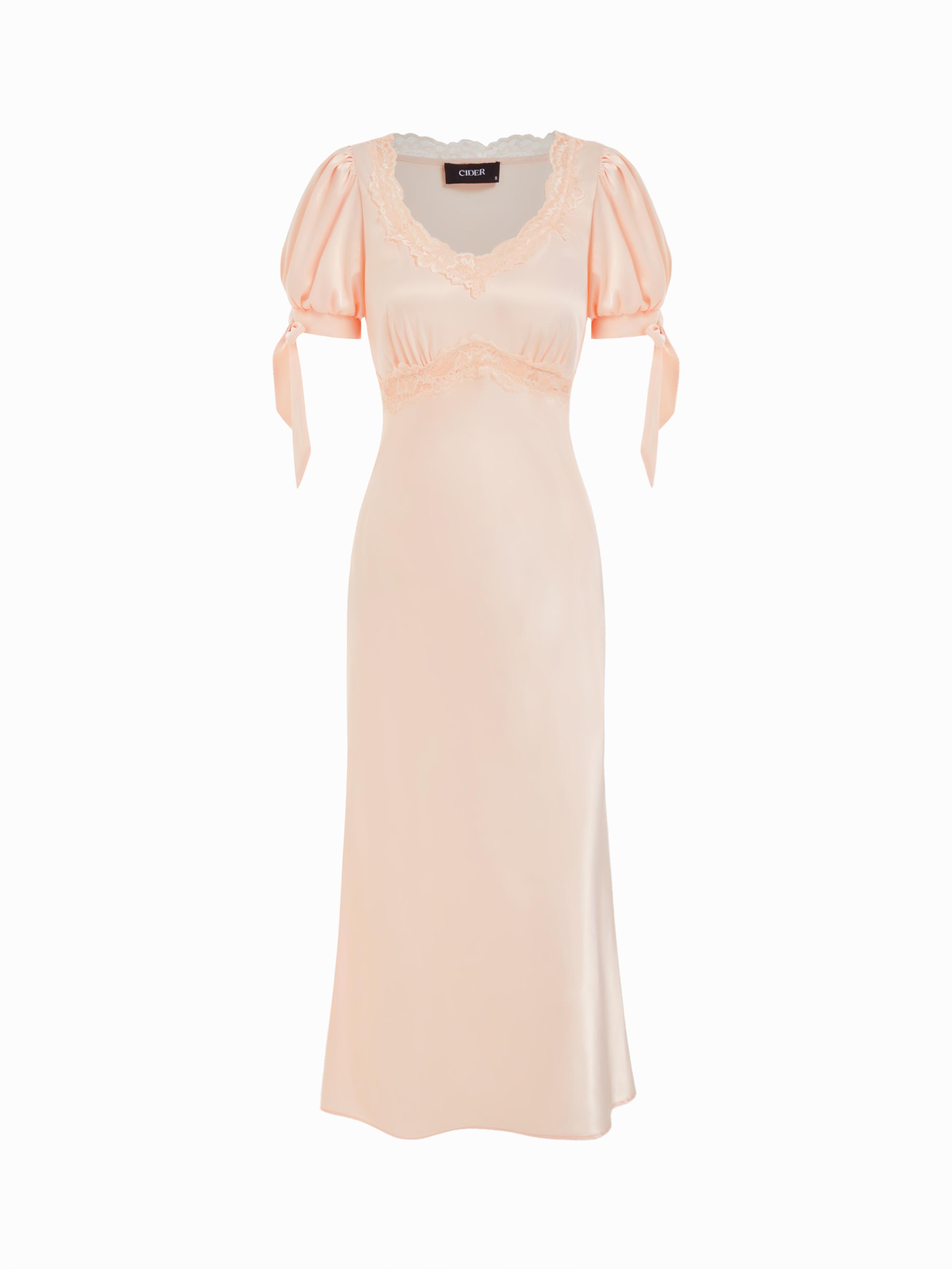 Satin V-neck Lace Trim Bowknot Lantern Sleeve Mermaid Maxi Dress by CIDER