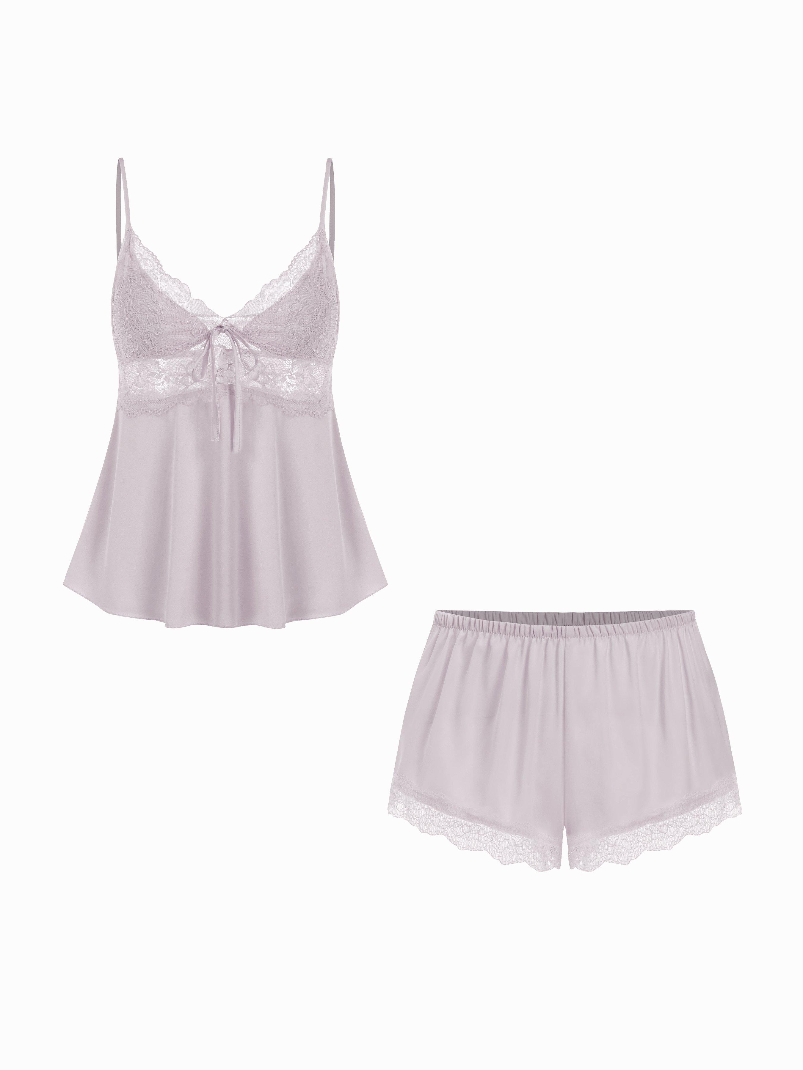 Satin V-neck Lace Trim Cami Top & Mid Rise Lace Hem Shorts Loungewear Set by CIDER