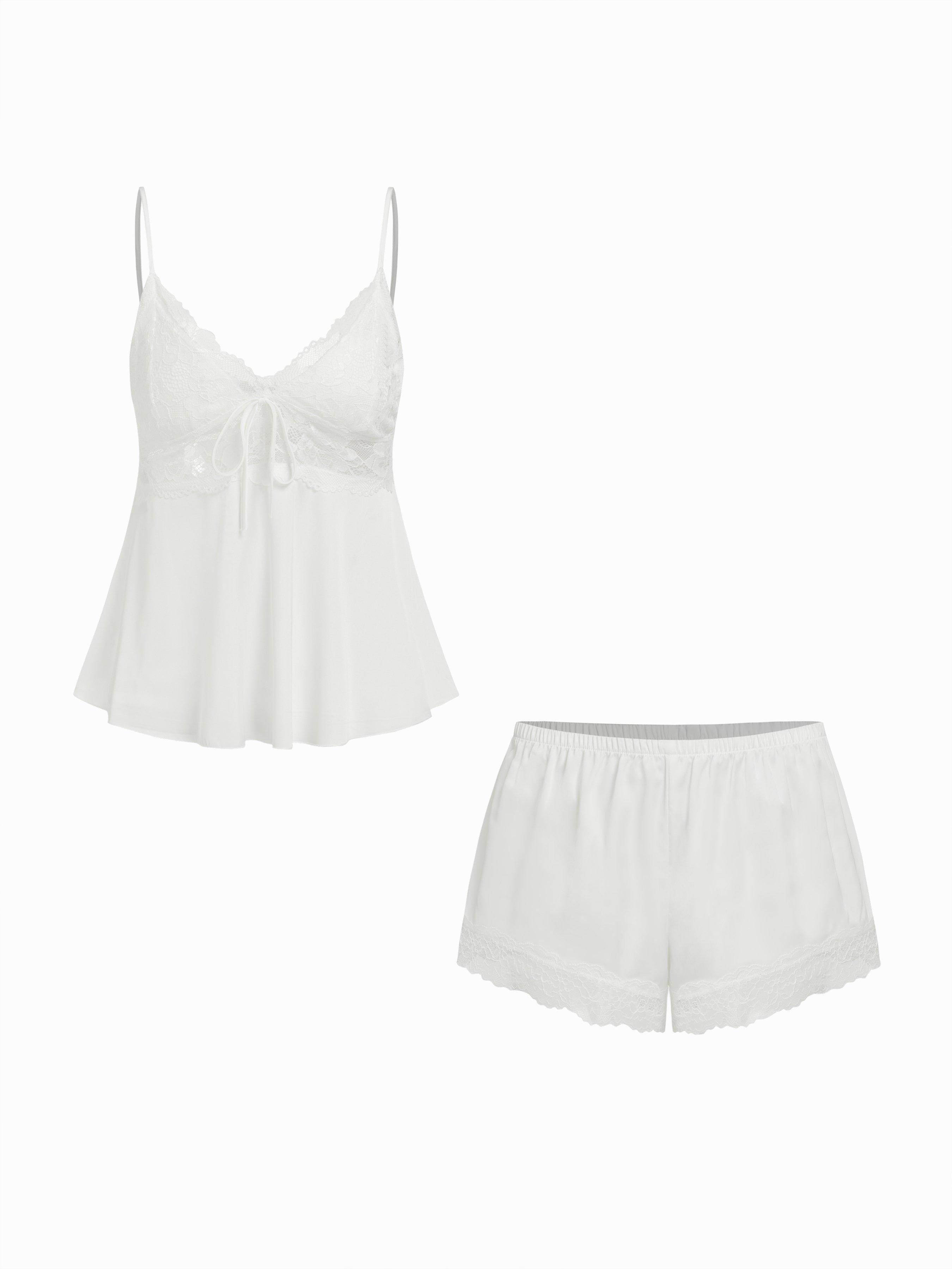 Satin V-neck Lace Trim Cami Top & Mid Rise Lace Hem Shorts Loungewear Set by CIDER