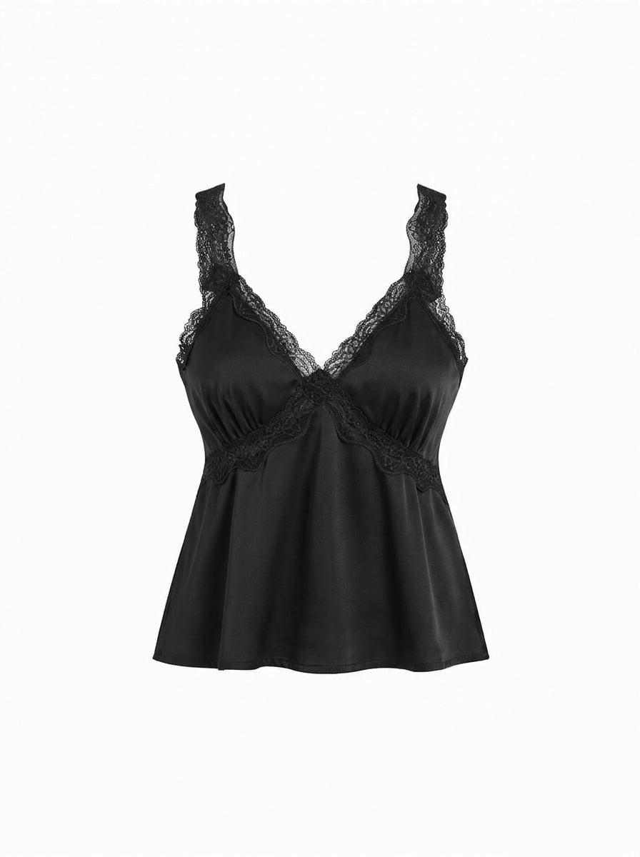 Satin V-neck Lace Trim Tank Blouse by CIDER