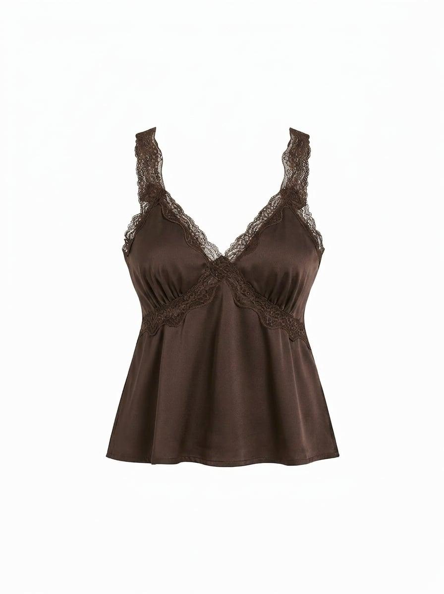 Satin V-neck Lace Trim Tank Blouse by CIDER